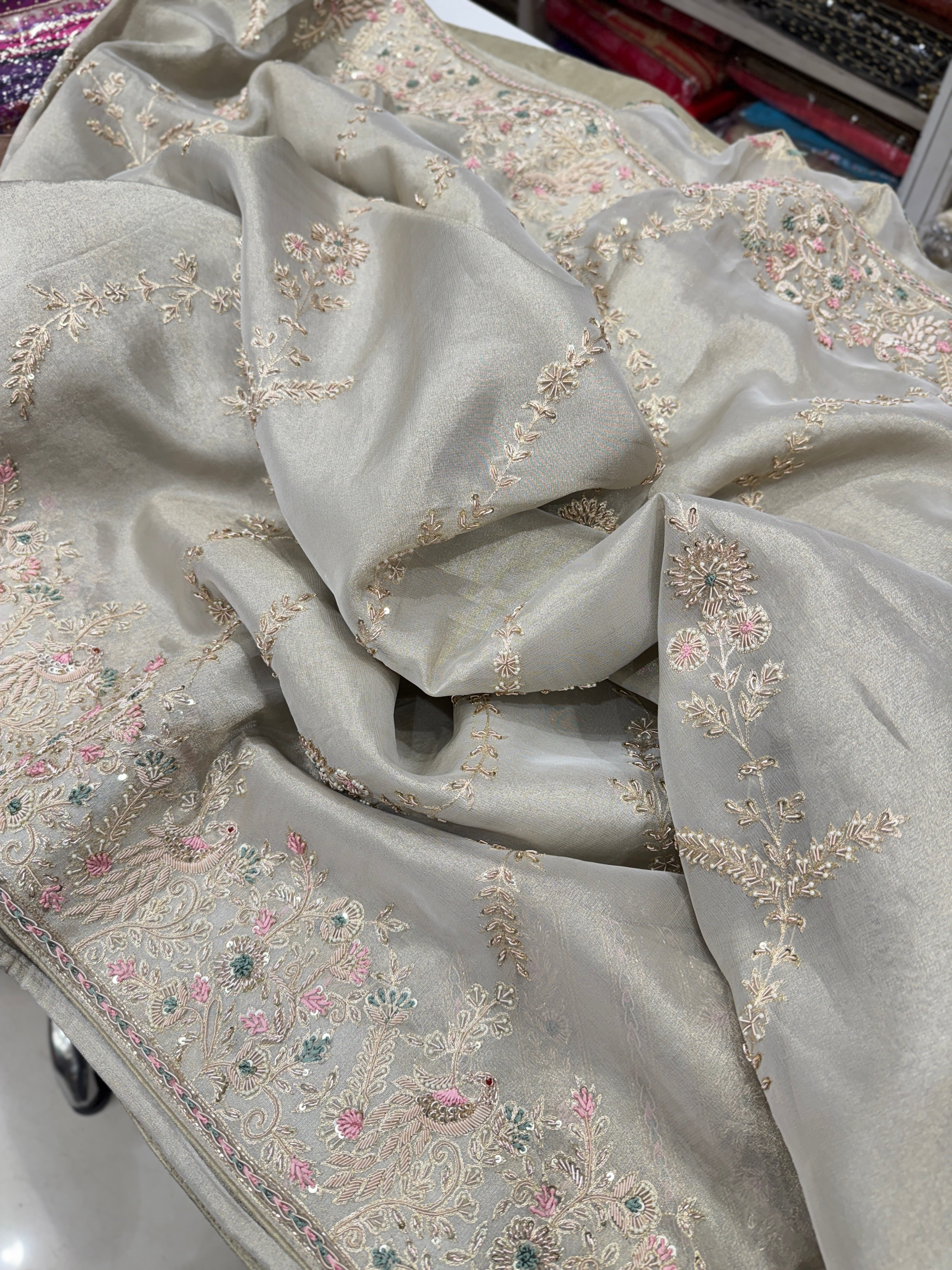 Silver Tissue Saree Zardosi Jaal Hand Embroidery Contrast Blouse