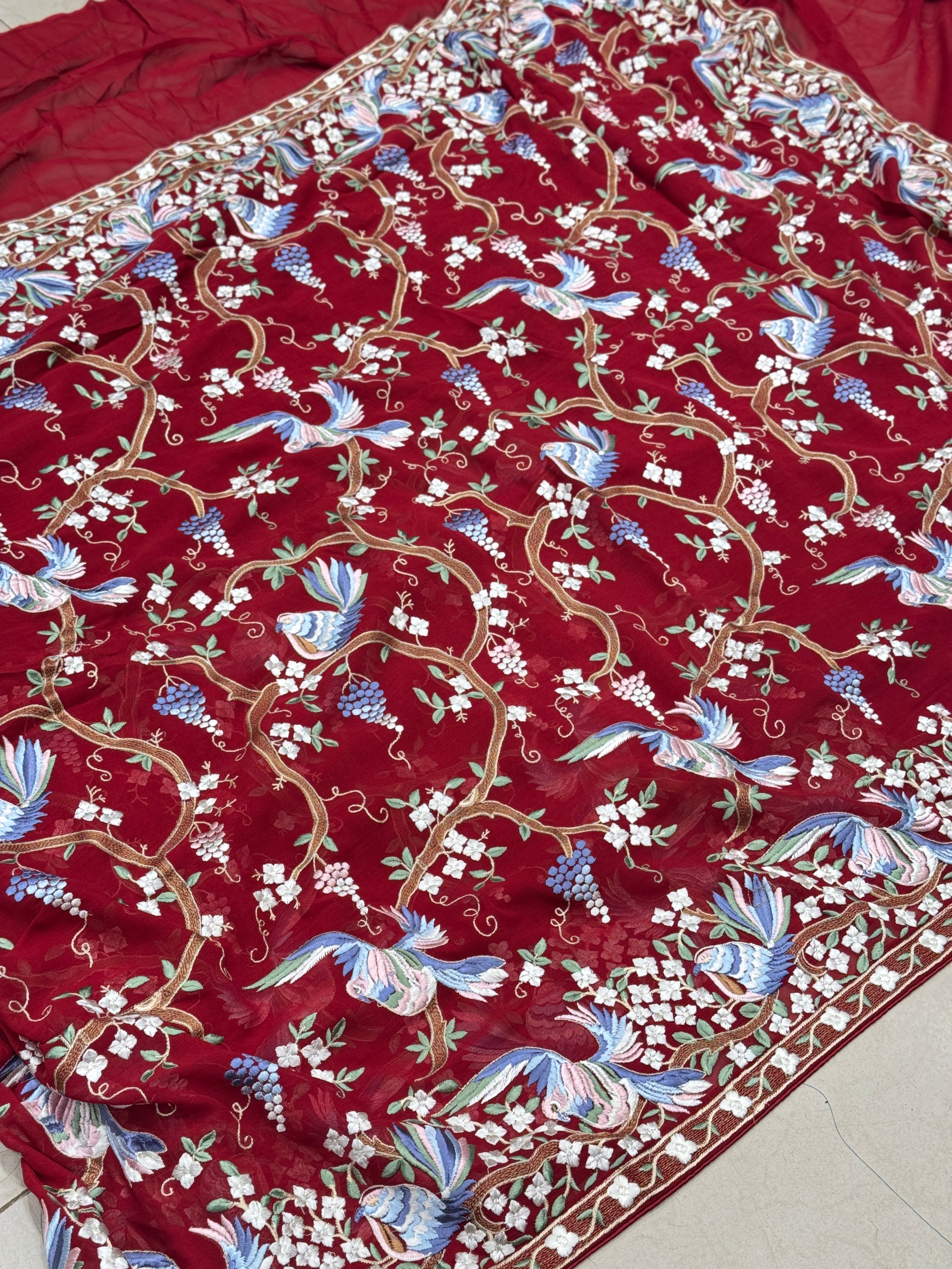 Red Parsi Gara Saree Chakla Chakli Design Inspired
