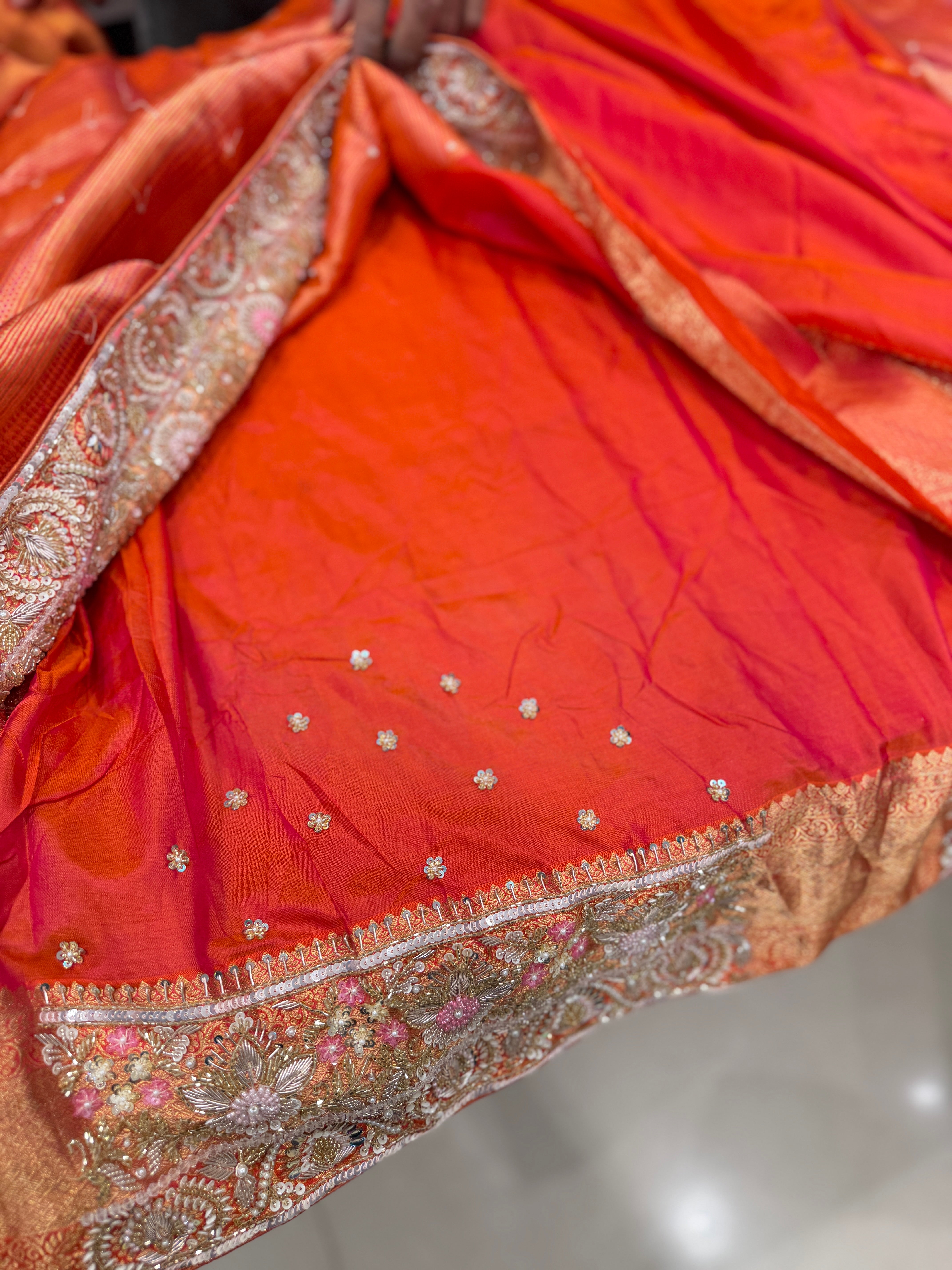 Orange Kanjivaram Moti Zardosi Hand Embroidery Saree