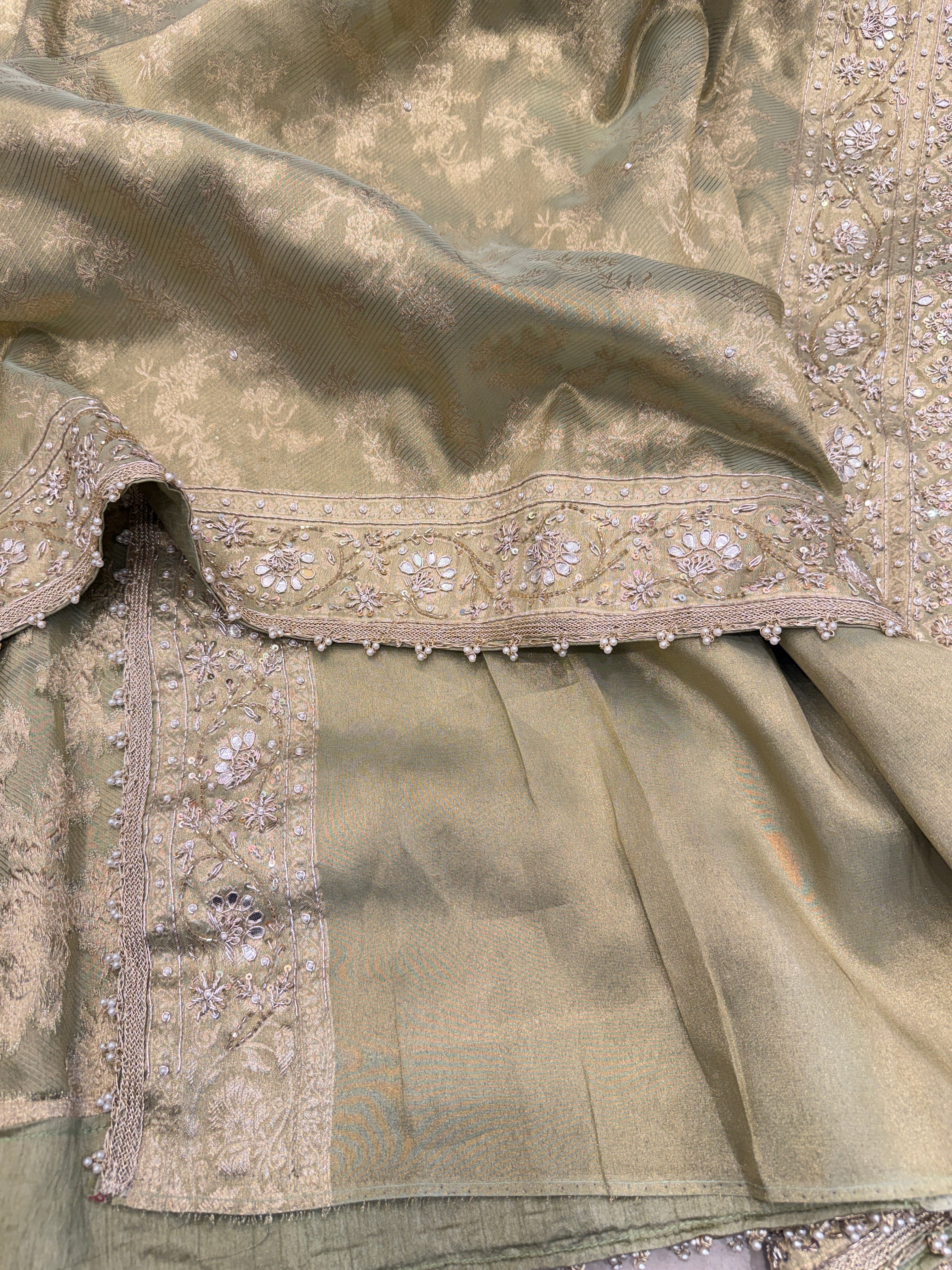 Pista Green Tissue Hand Embroidery Zardosi gota Saree