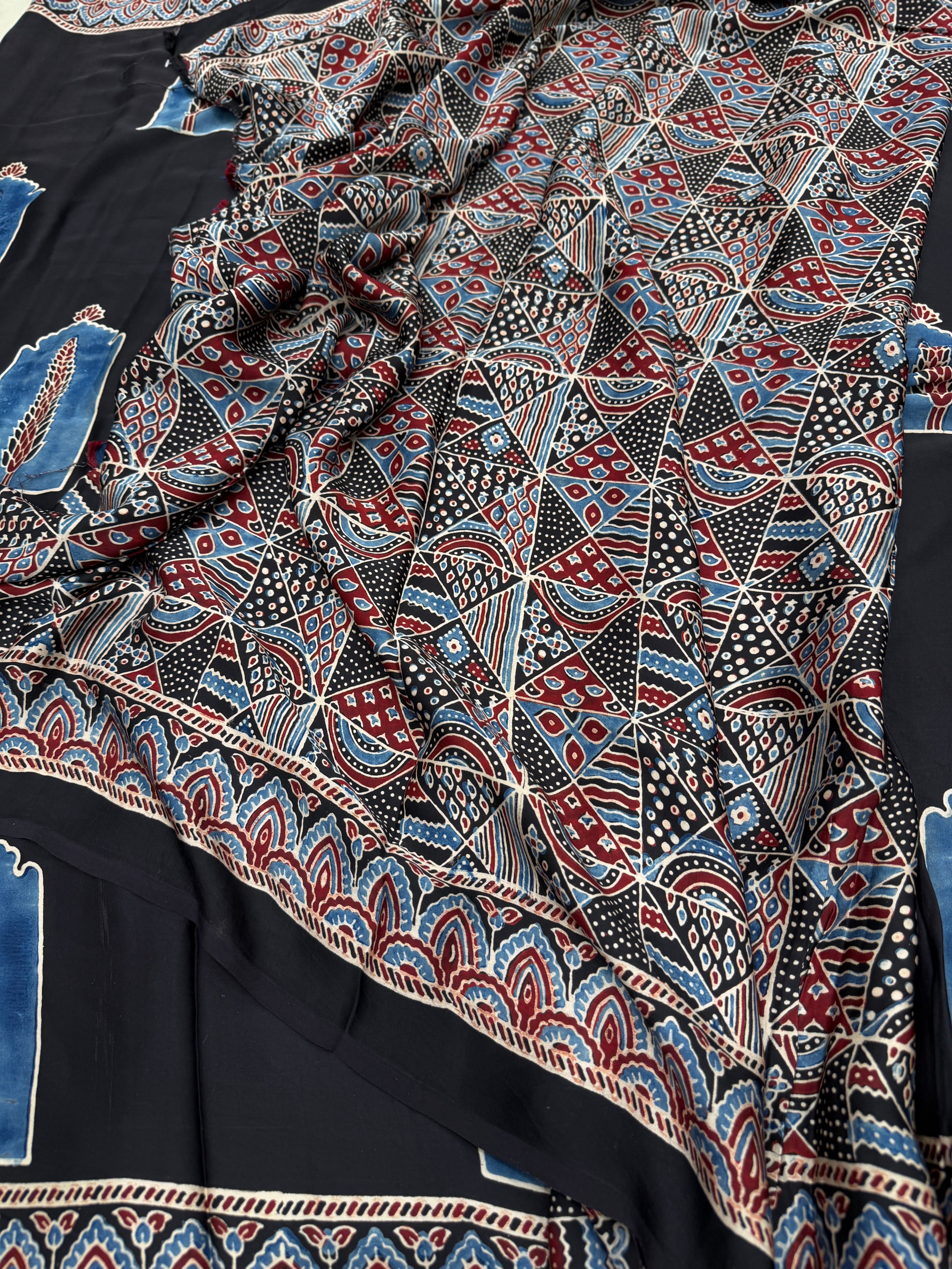 Black Contemporary Buttas Ajrakh Hand Block Print Pure Gajji Silk Saree