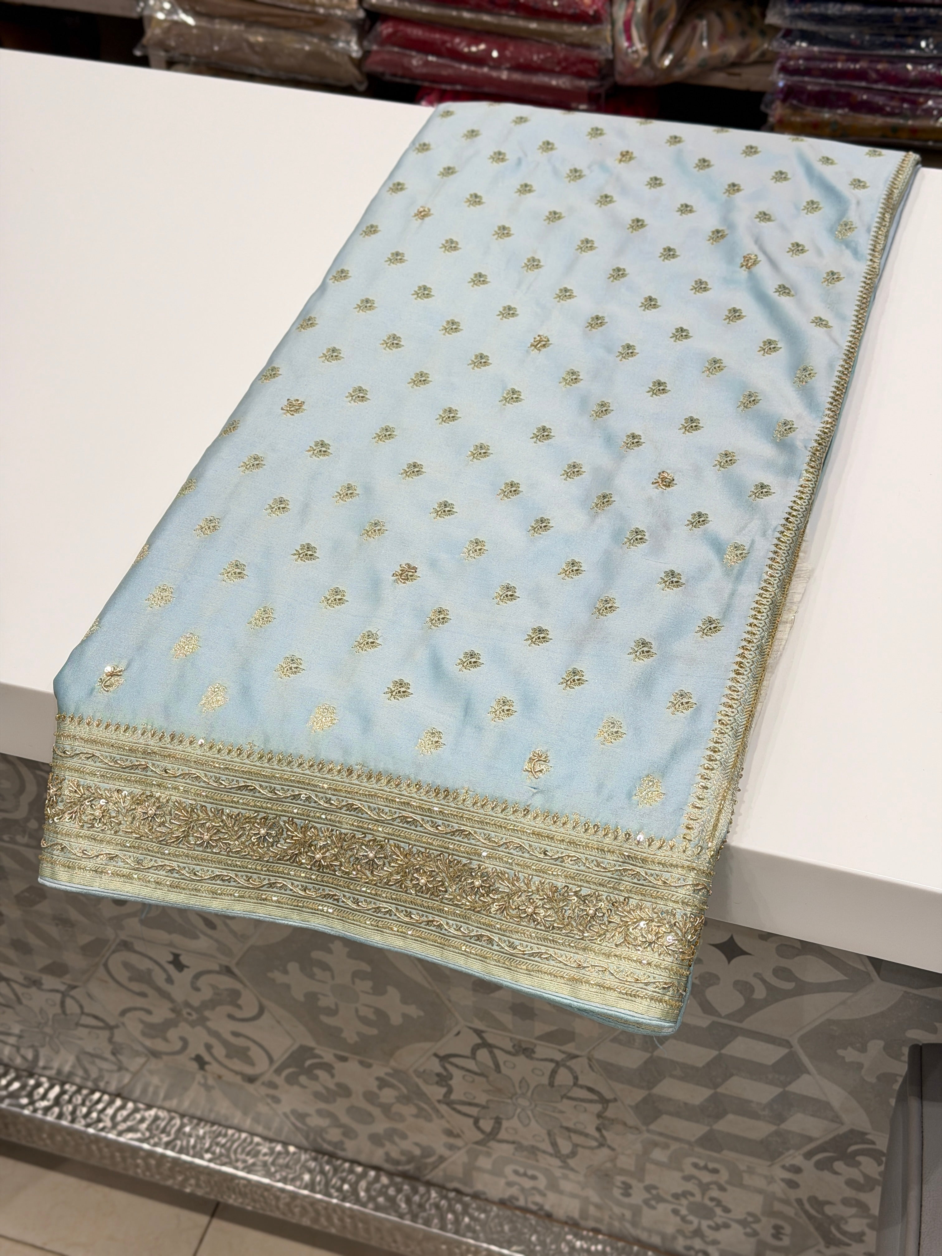 Light Blue Banarasi Buttis Zardosi Chain Hand Embroidery Saree
