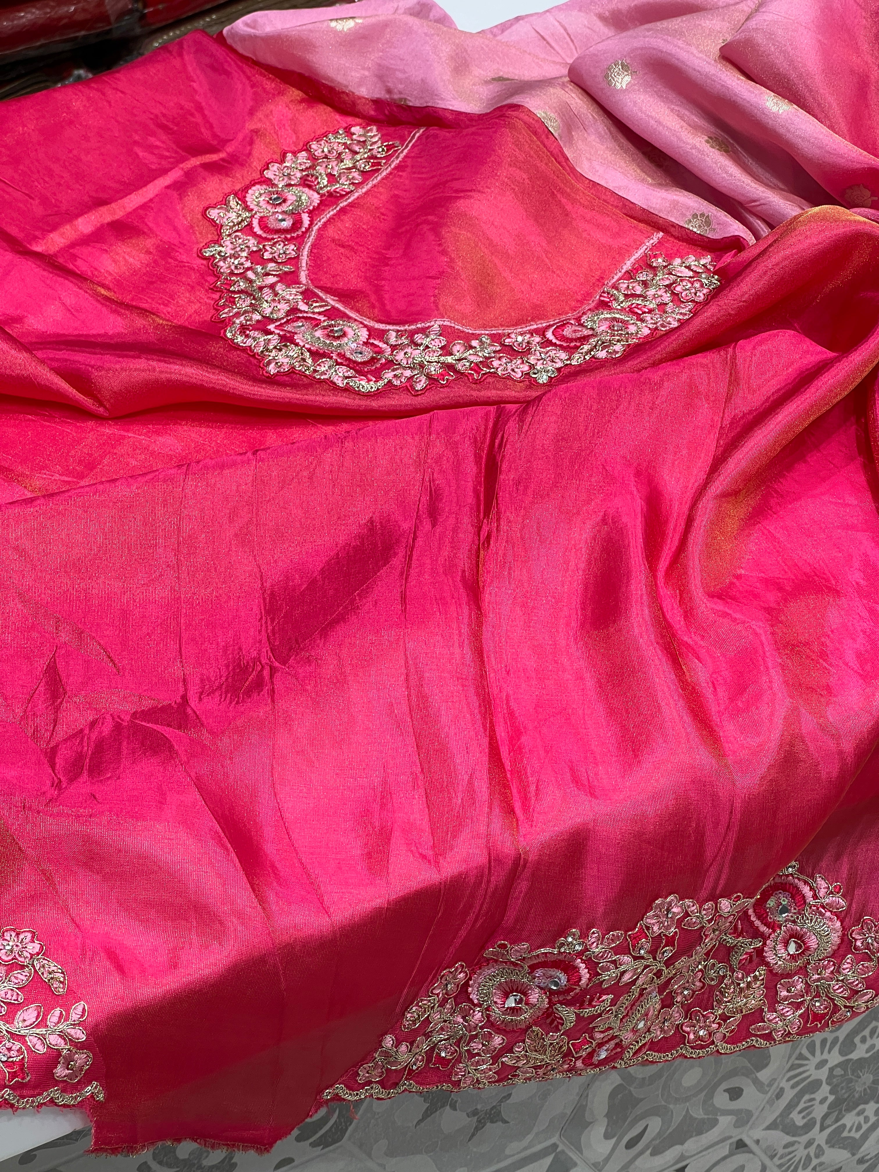 Rani Shaded Crepe Tissue Embroidery Saree