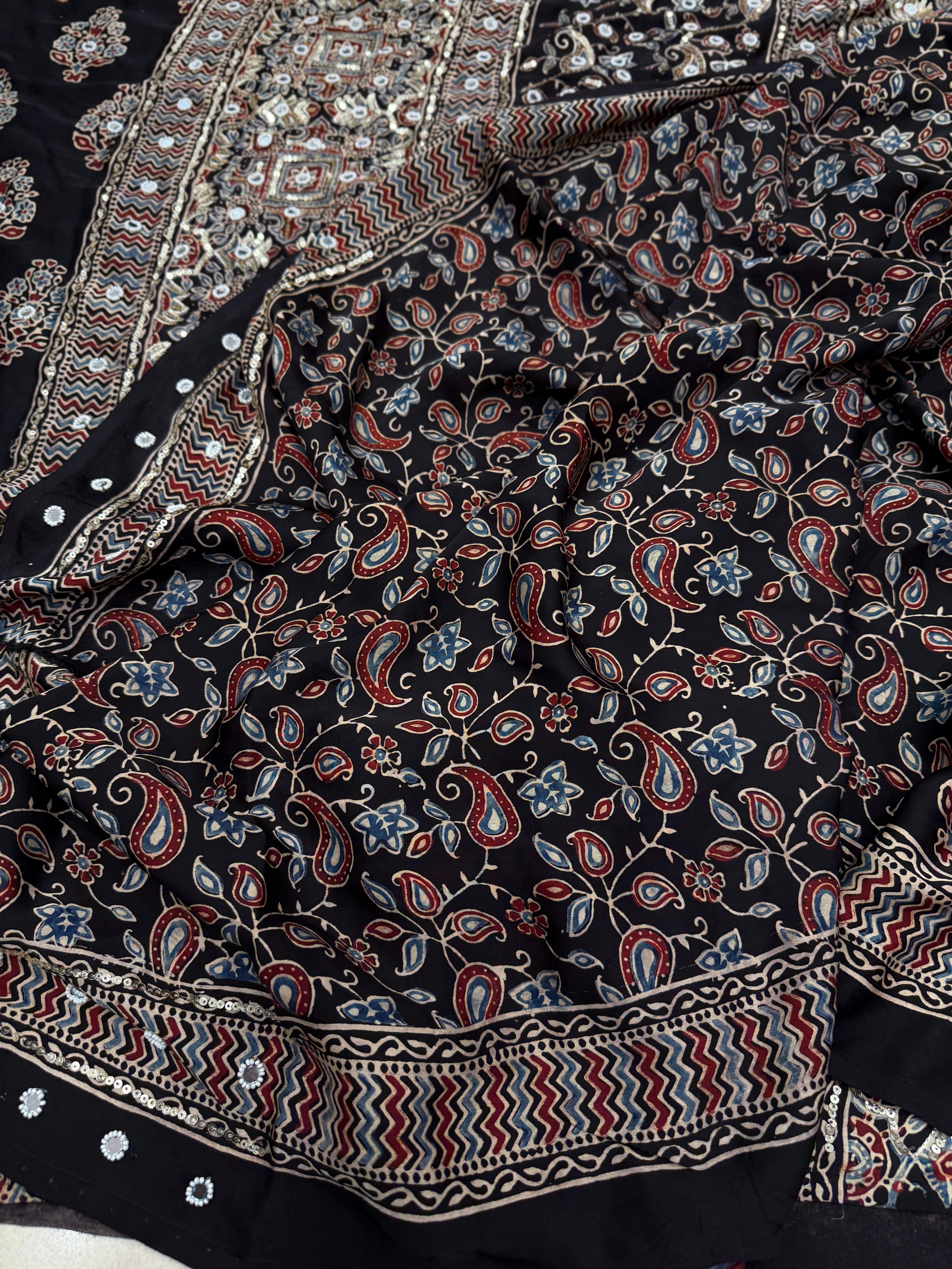 Black Ajrakh Butta Real Mirror Moti Sequin Hand Embroidery Saree