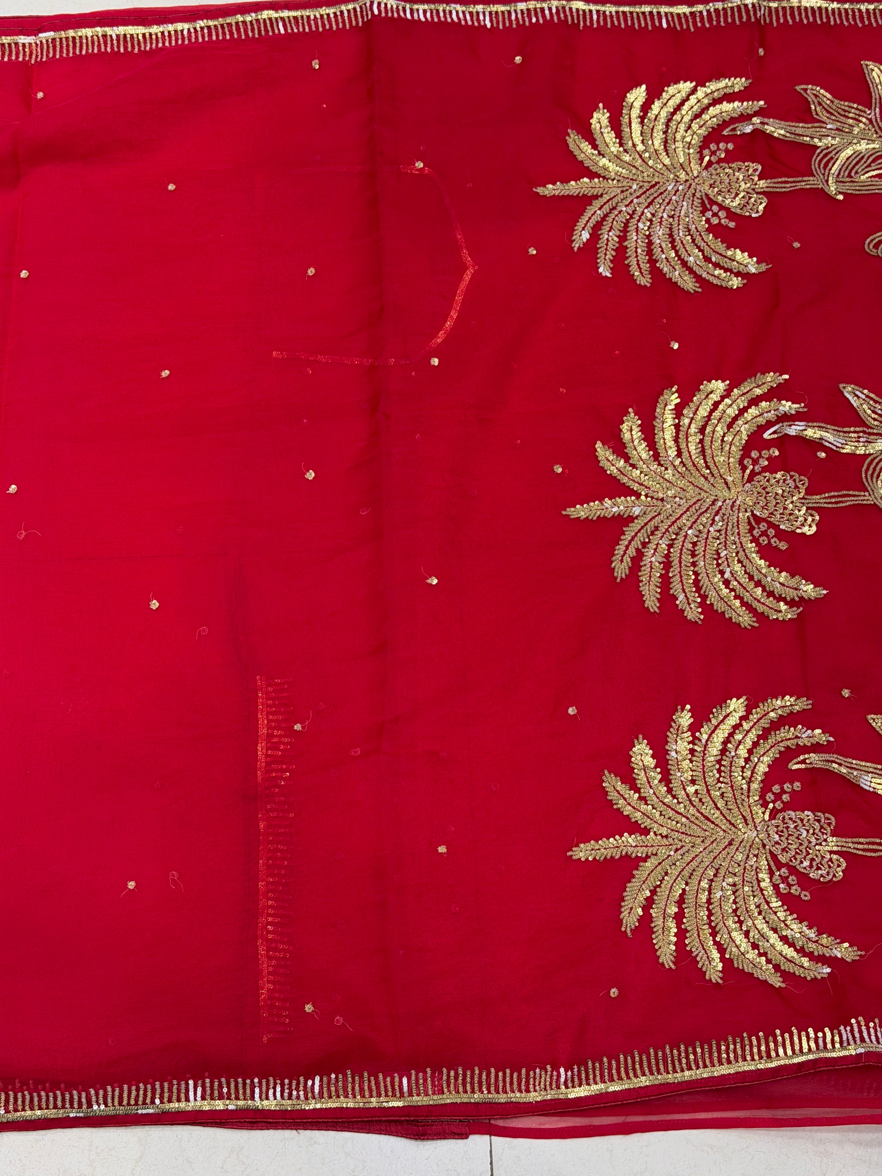 Red Raw Mango Inspired Organza Palm Tree Saree
