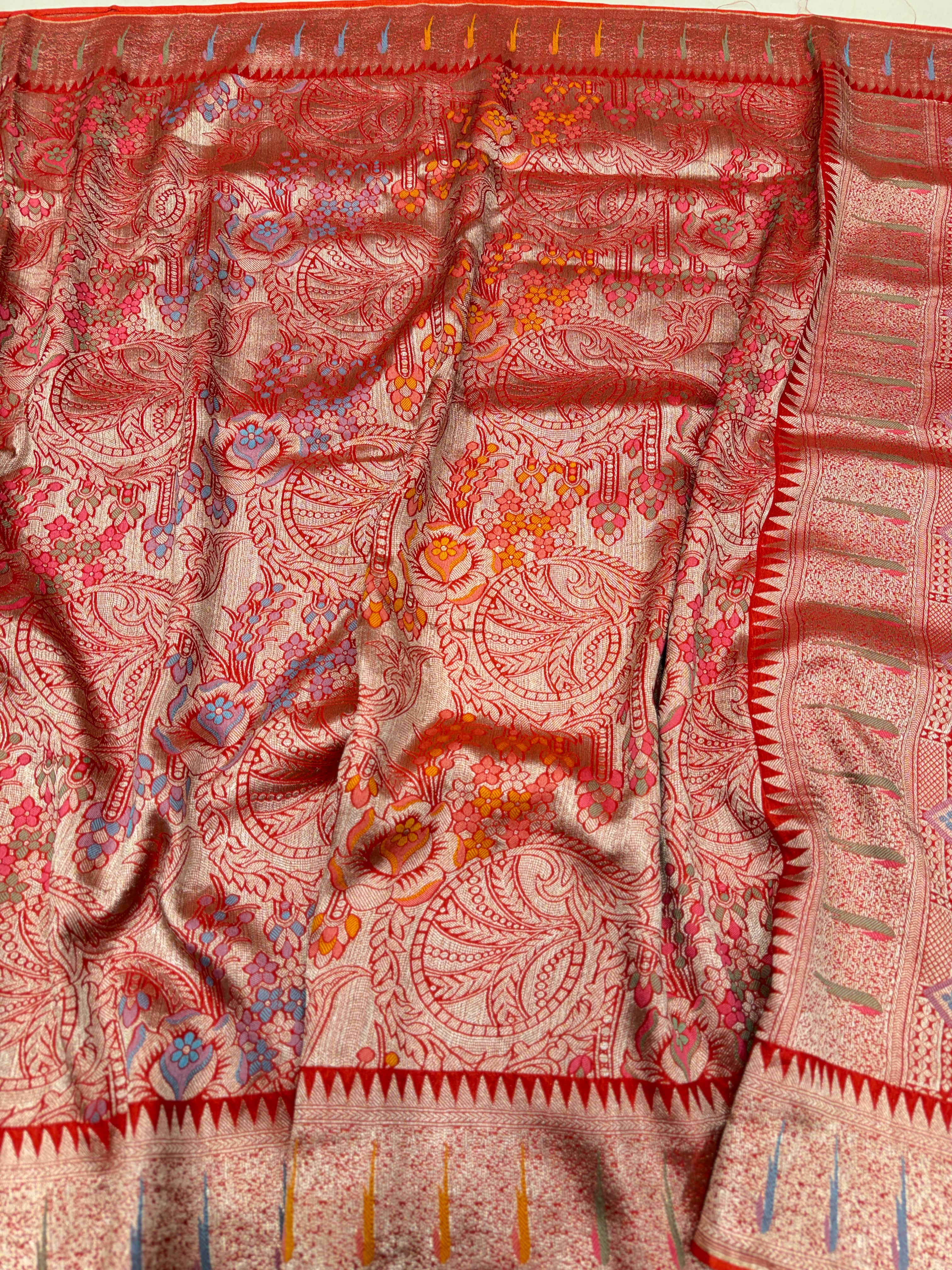 Red Banarasi Munga Tissue Meenakari Saree