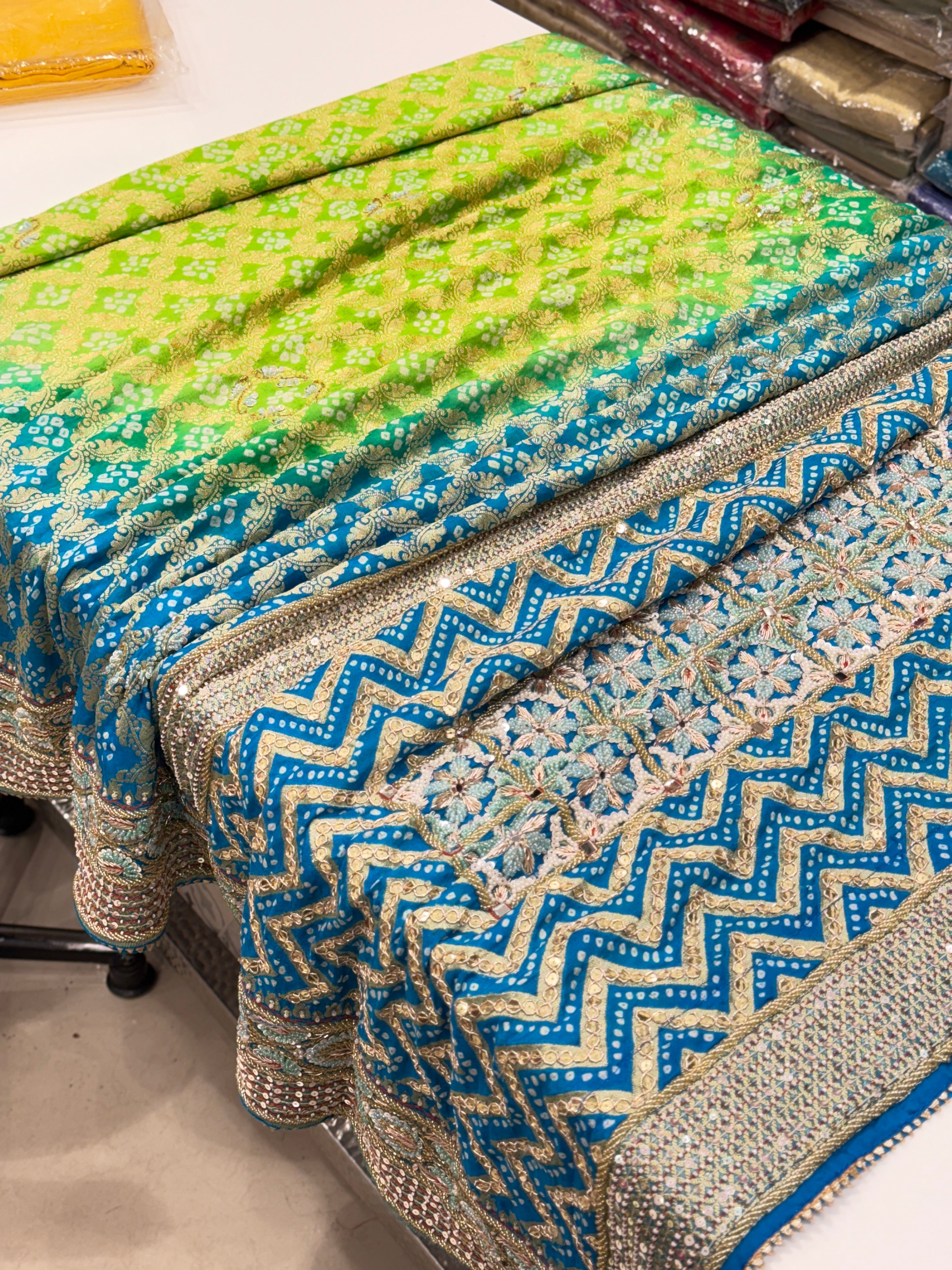 Jhanvi Kapoor Inspired Shaded Green Hand Embroidery Bandhej Saree