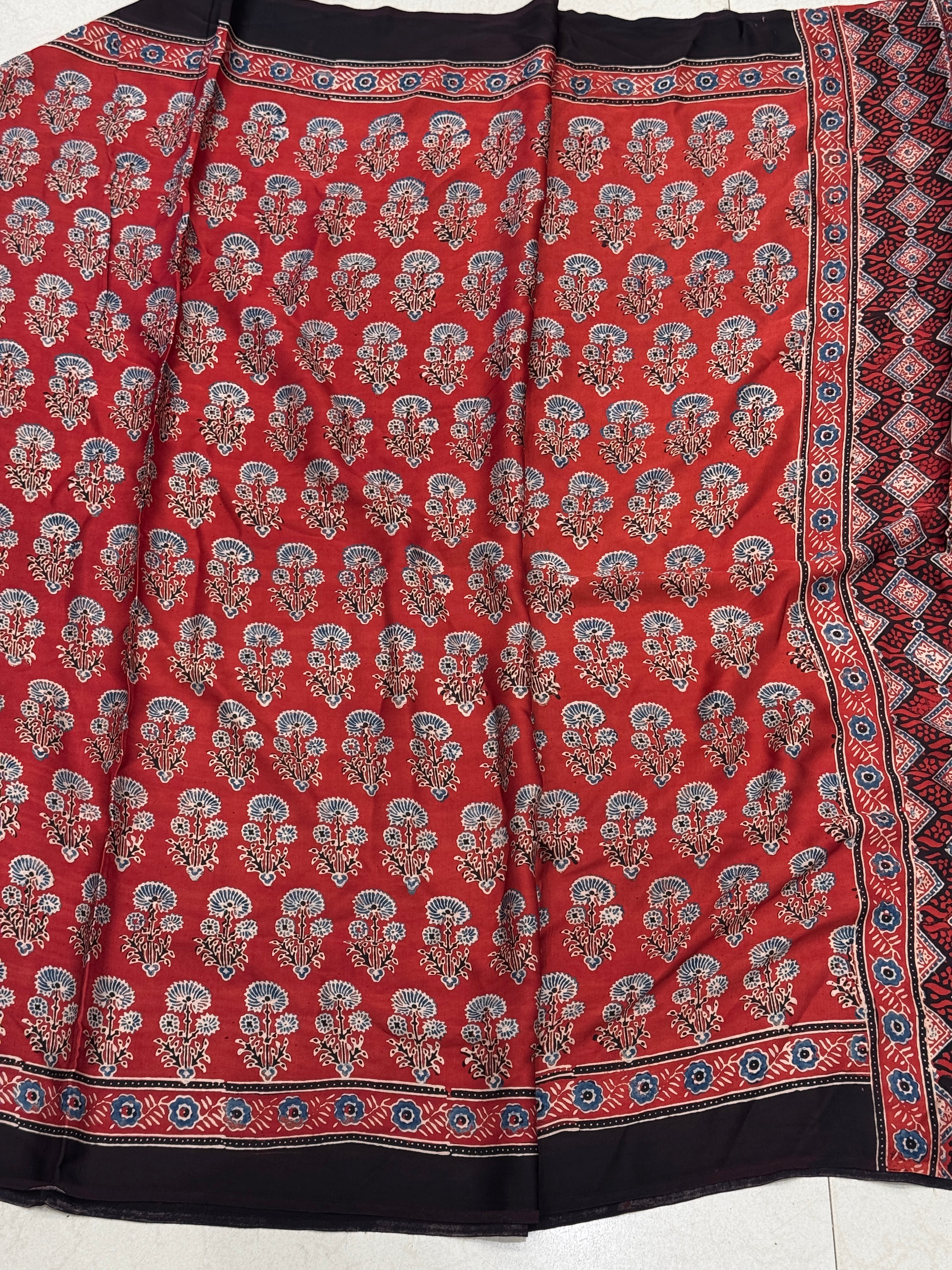 Red Floral Butta Ajrakh Hand Block Print Pure Gajji Silk Saree