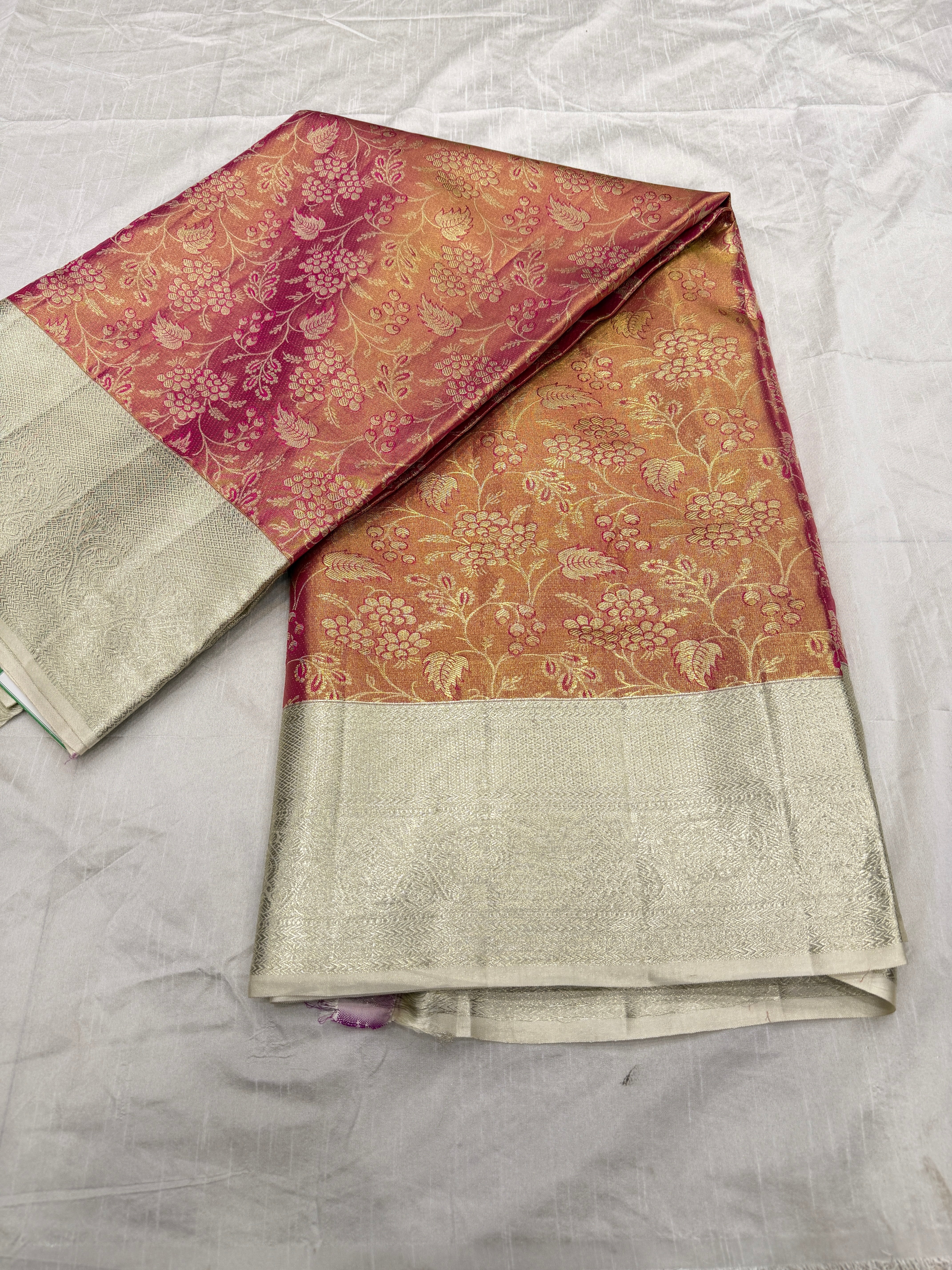 Crimson Handloom Kanjivaram With Silver Border Tissue Silk Saree