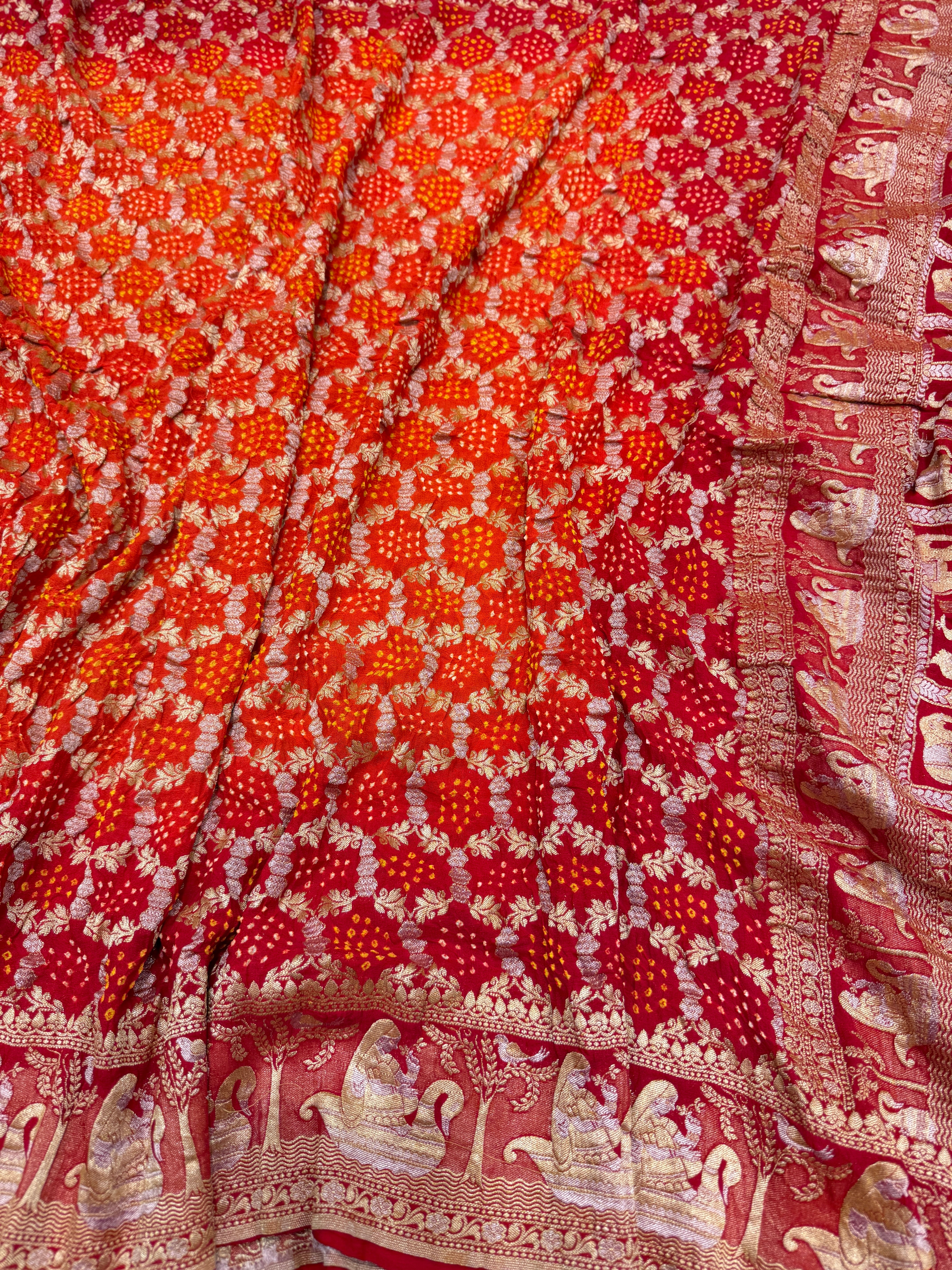 Orange Red Shaded Doli Border Sona Roopa Rai Bandhej Georgette Bandhini Saree