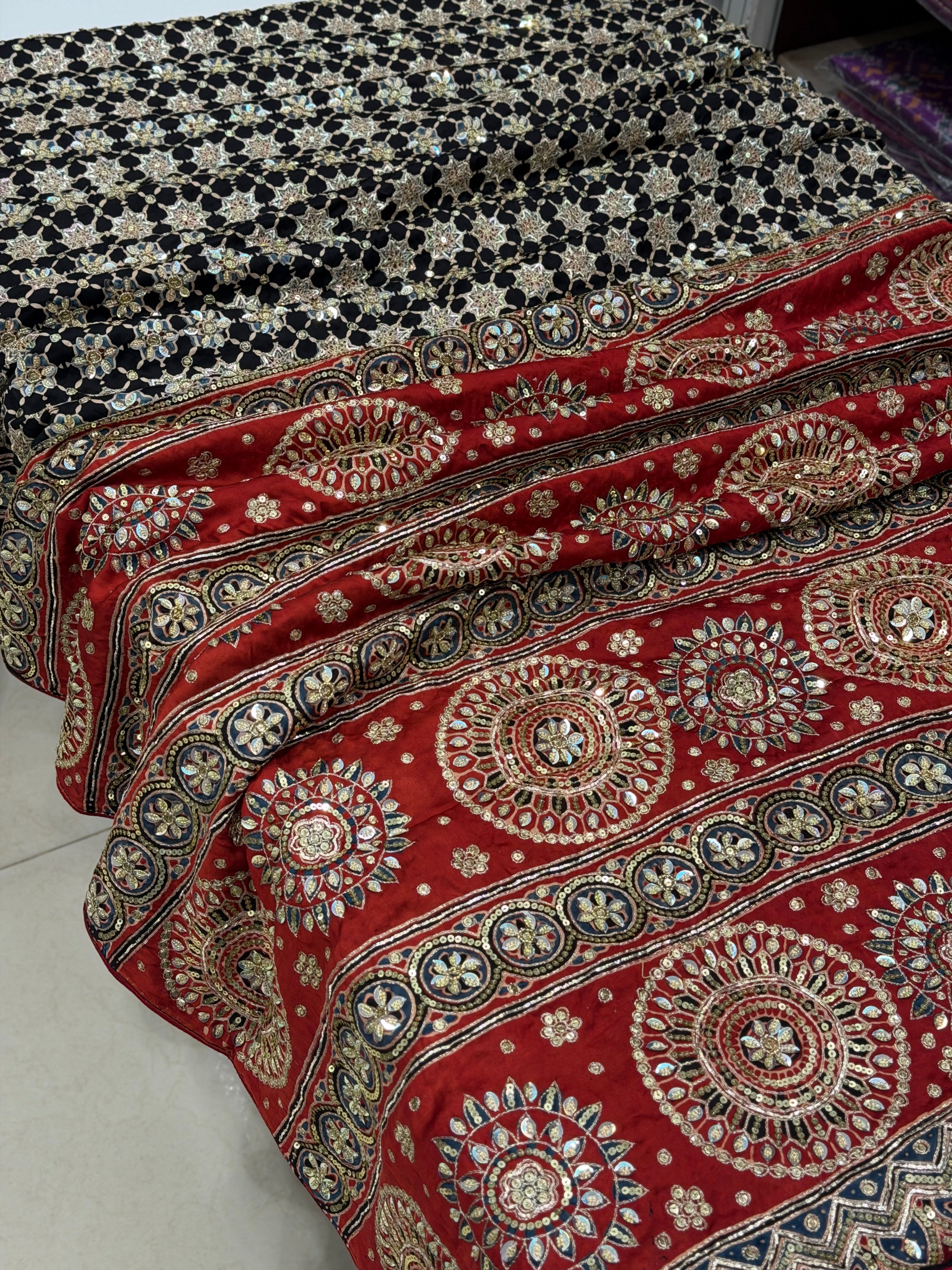 Red Black Jaal Pita Sequin Ajrakh Hand Embroidery Saree