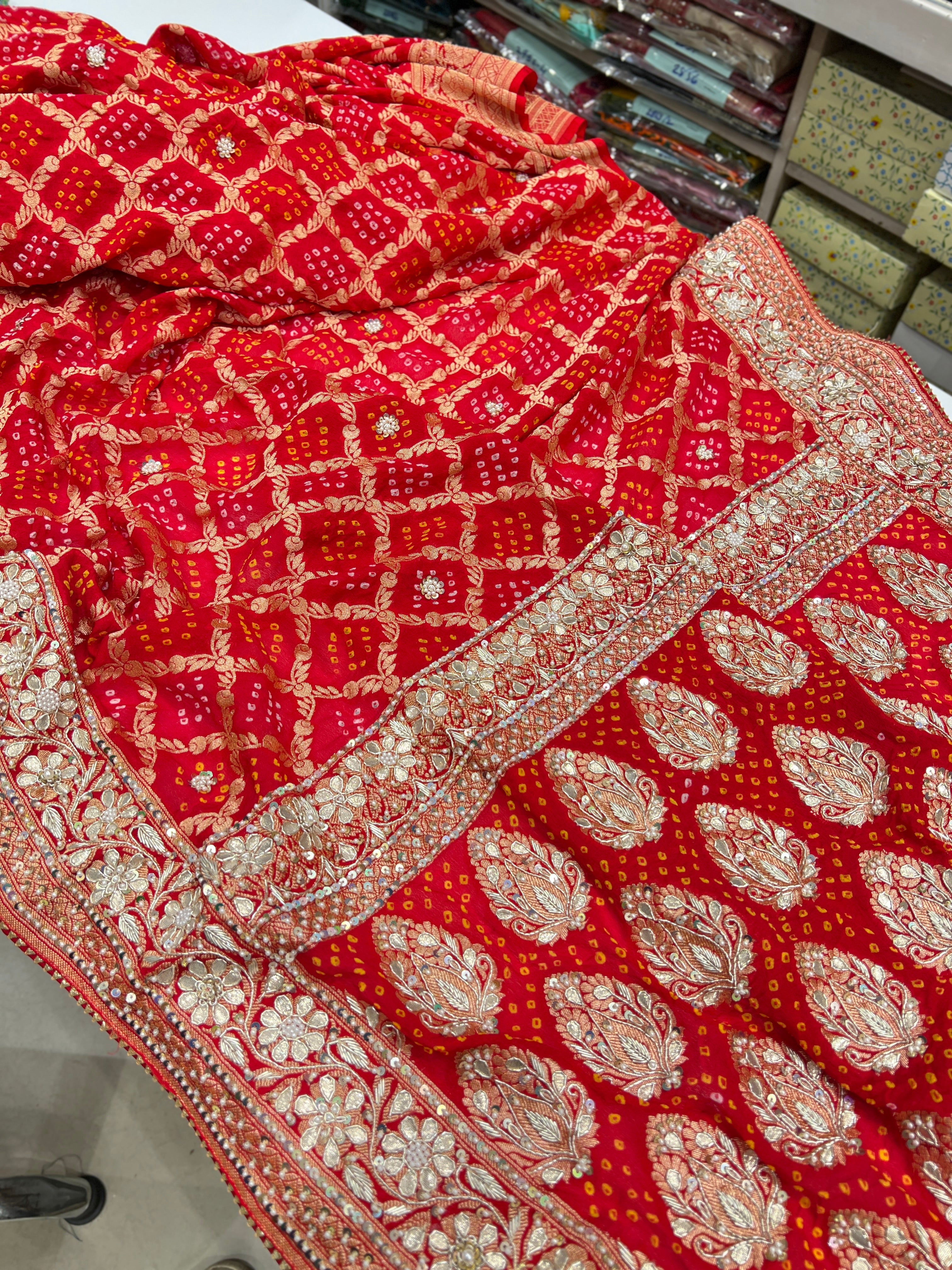 Red Criss Cross Bandhej Hand Embroidery Saree