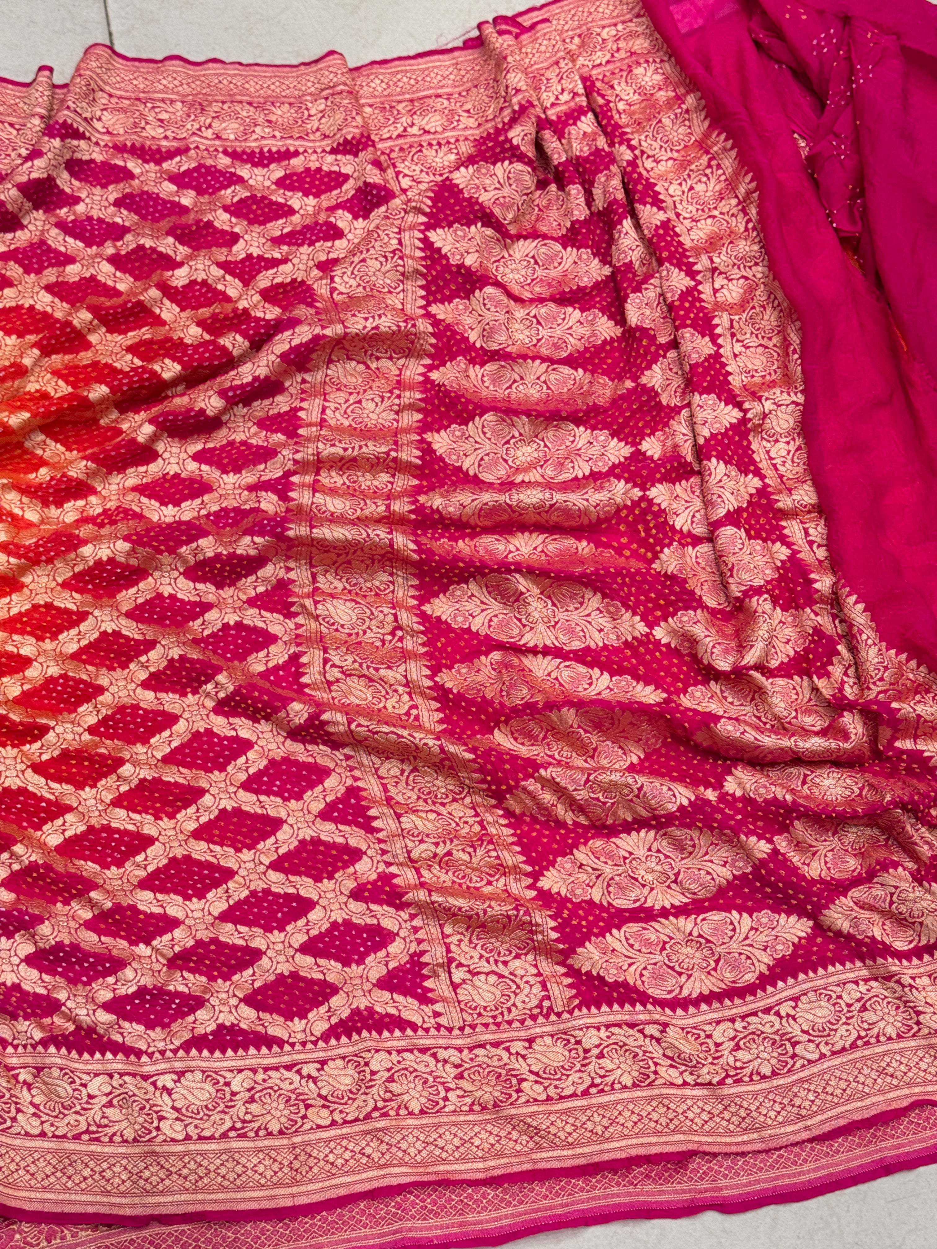 Shaded Orange Rani Bandhej Bandhini Saree