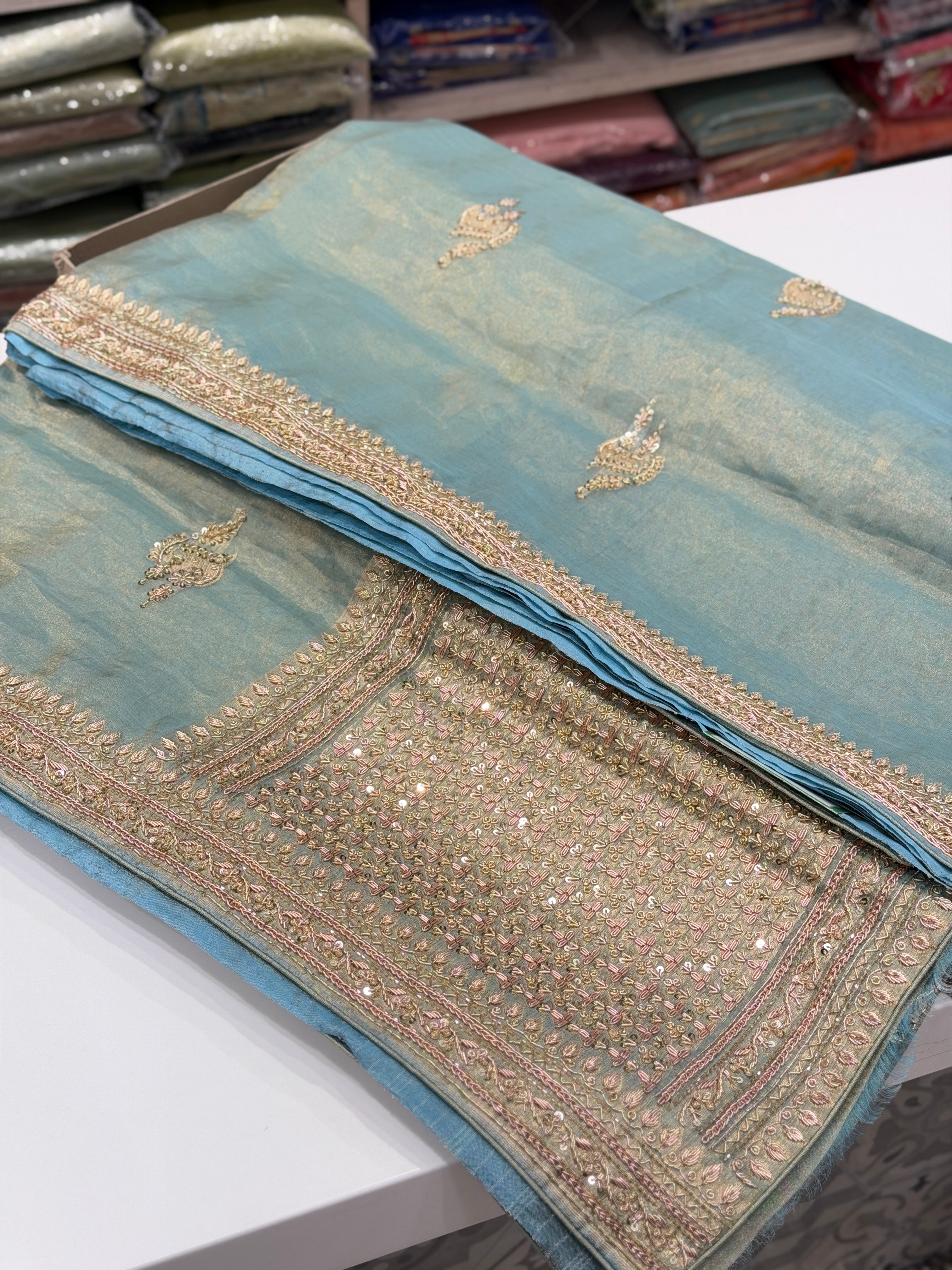 Sea Green Meenakari Banarasi Tissue Handloom Kadwa Weave Zardosi Embroidery Saree