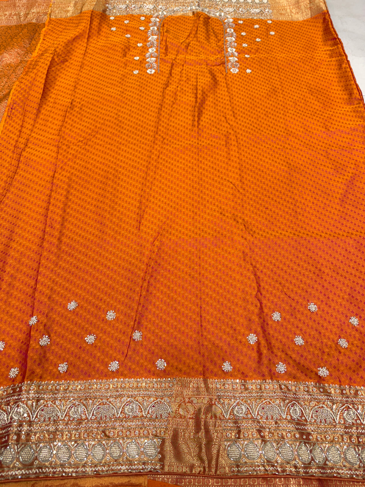 Rust Orange Kanjivaram Elephant Motifs Zardosi Hand Embroidery Saree
