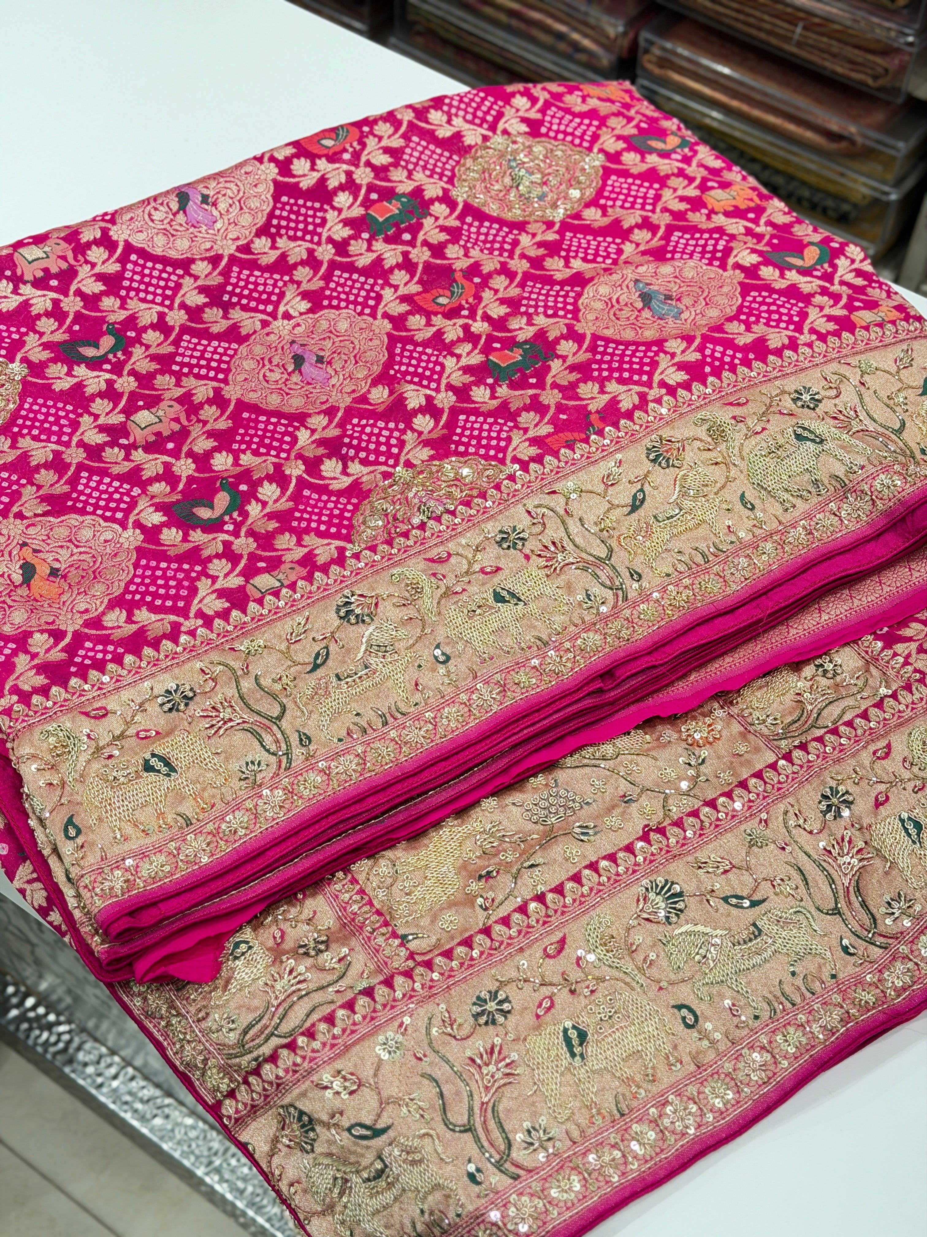 Rani Meenakari Rai Bandhej Saree Elephant Motif  Zardosi Hand Embroidery