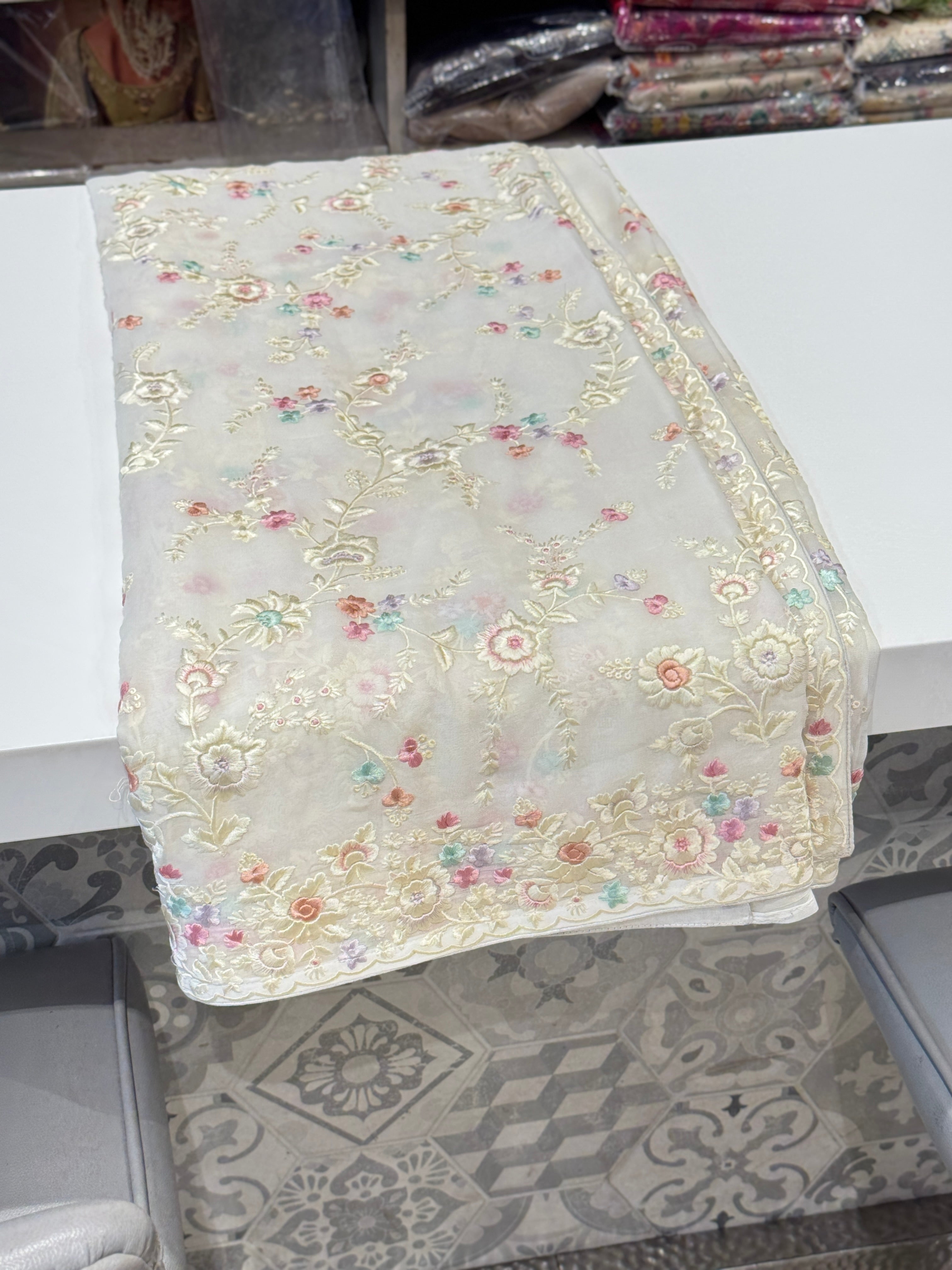 White Multi Colored Resham Parsi Gara Saree On Georgette