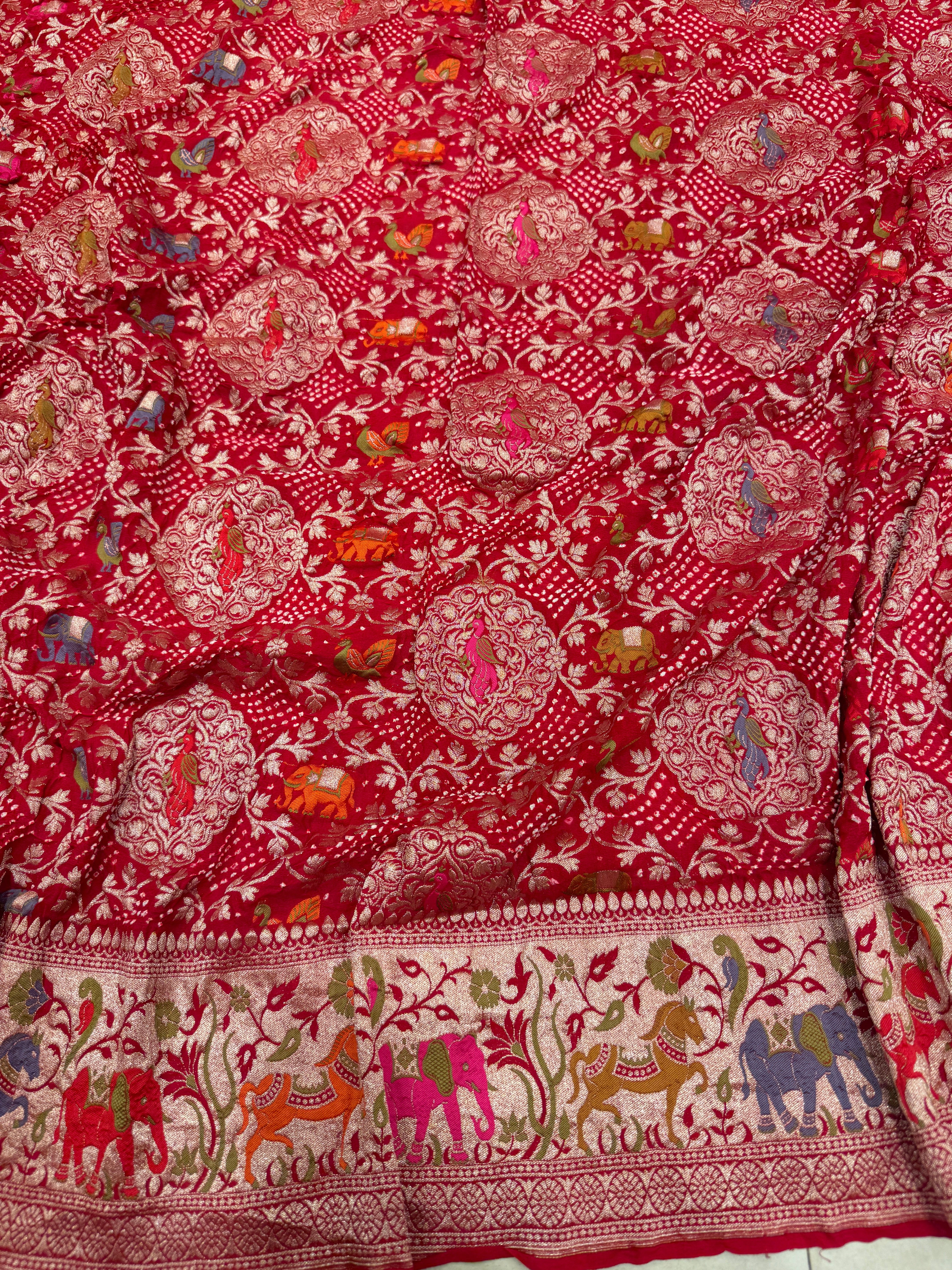 Red Shikargah Meenakari Rai Bandhej Georgette Dupatta