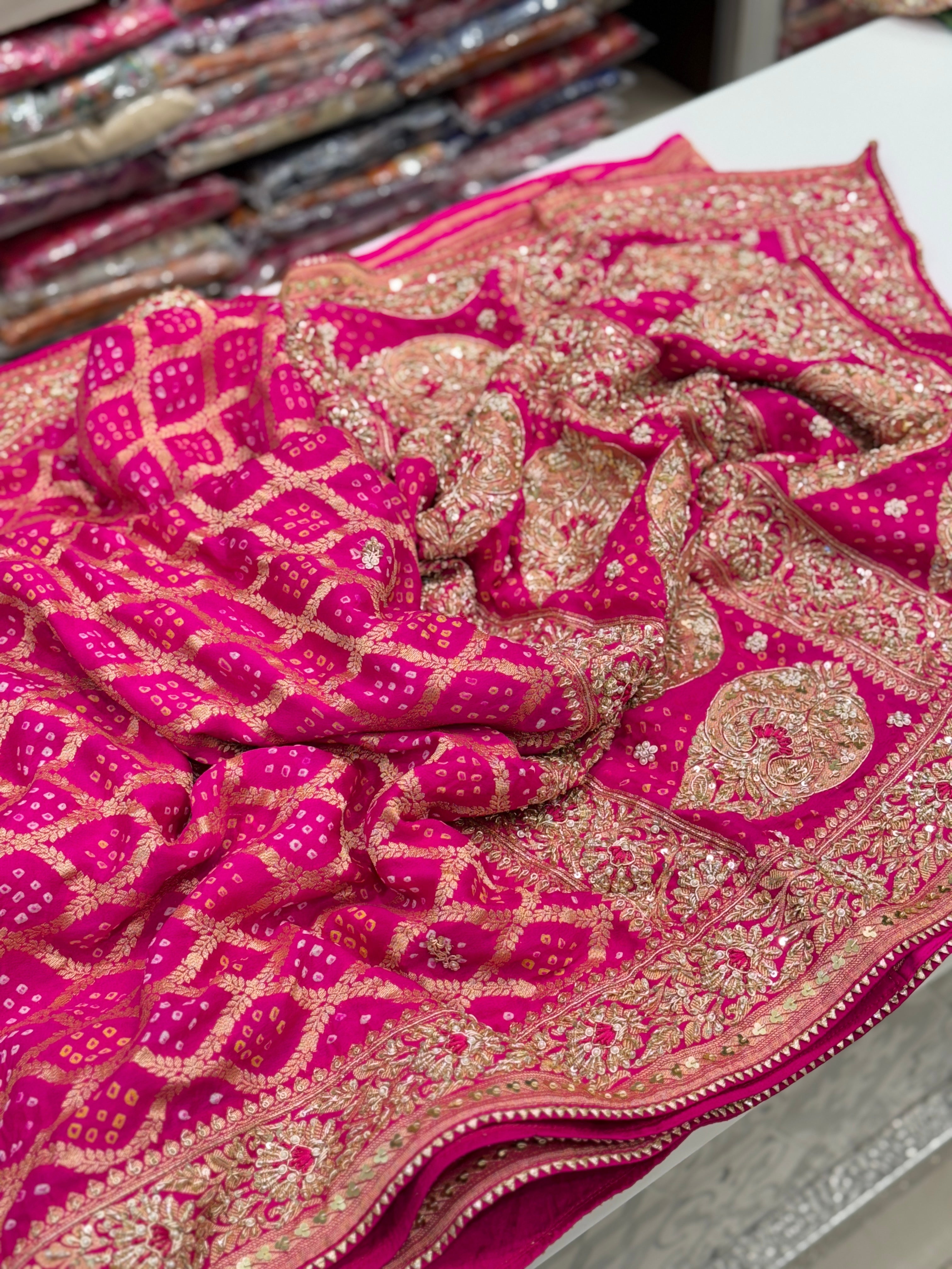 Rani Pink Bandhej Hand Embroidery Saree