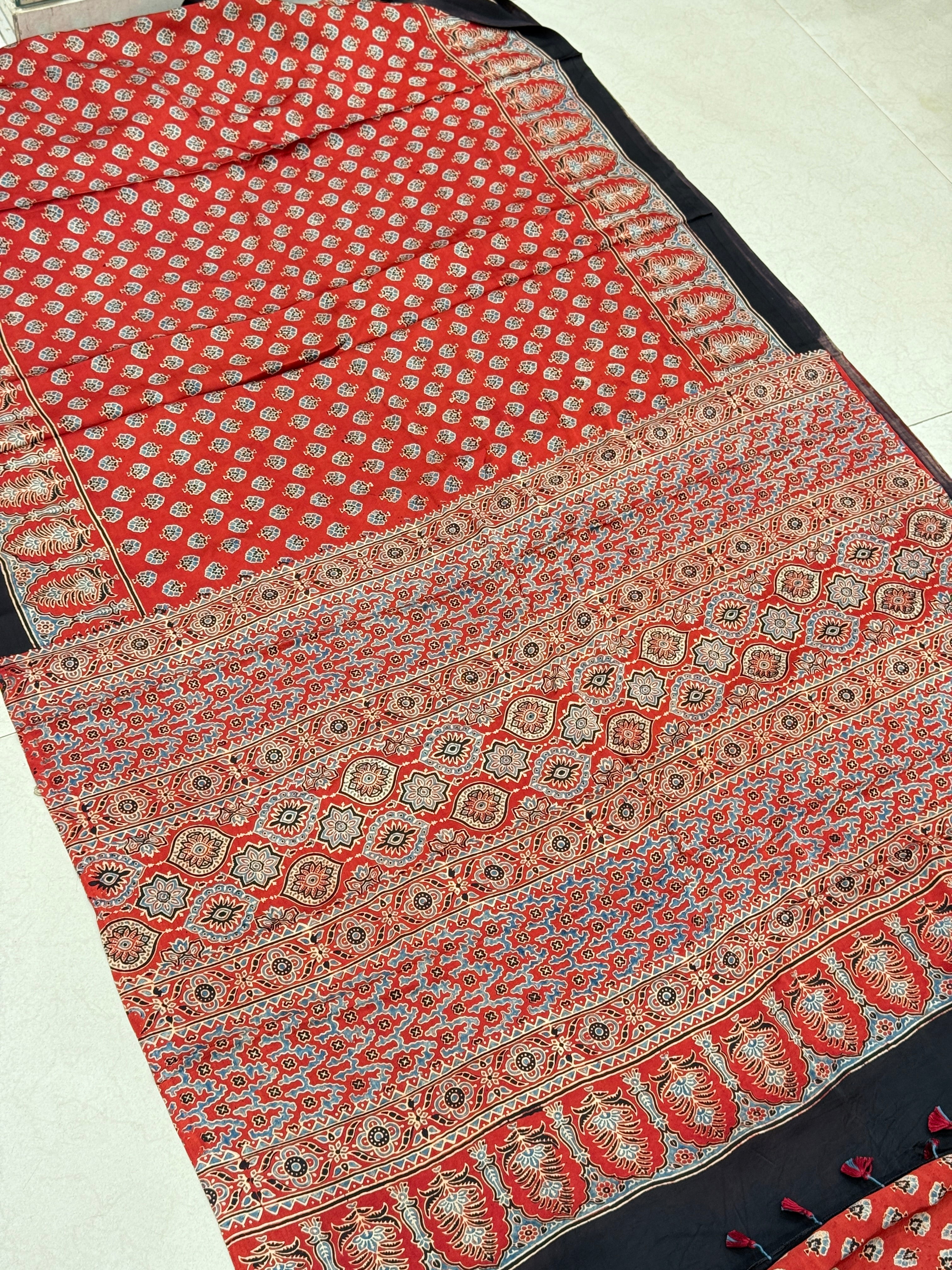 Red Crown Buttis Border  Ajrakh Modal Gajji Silk Saree