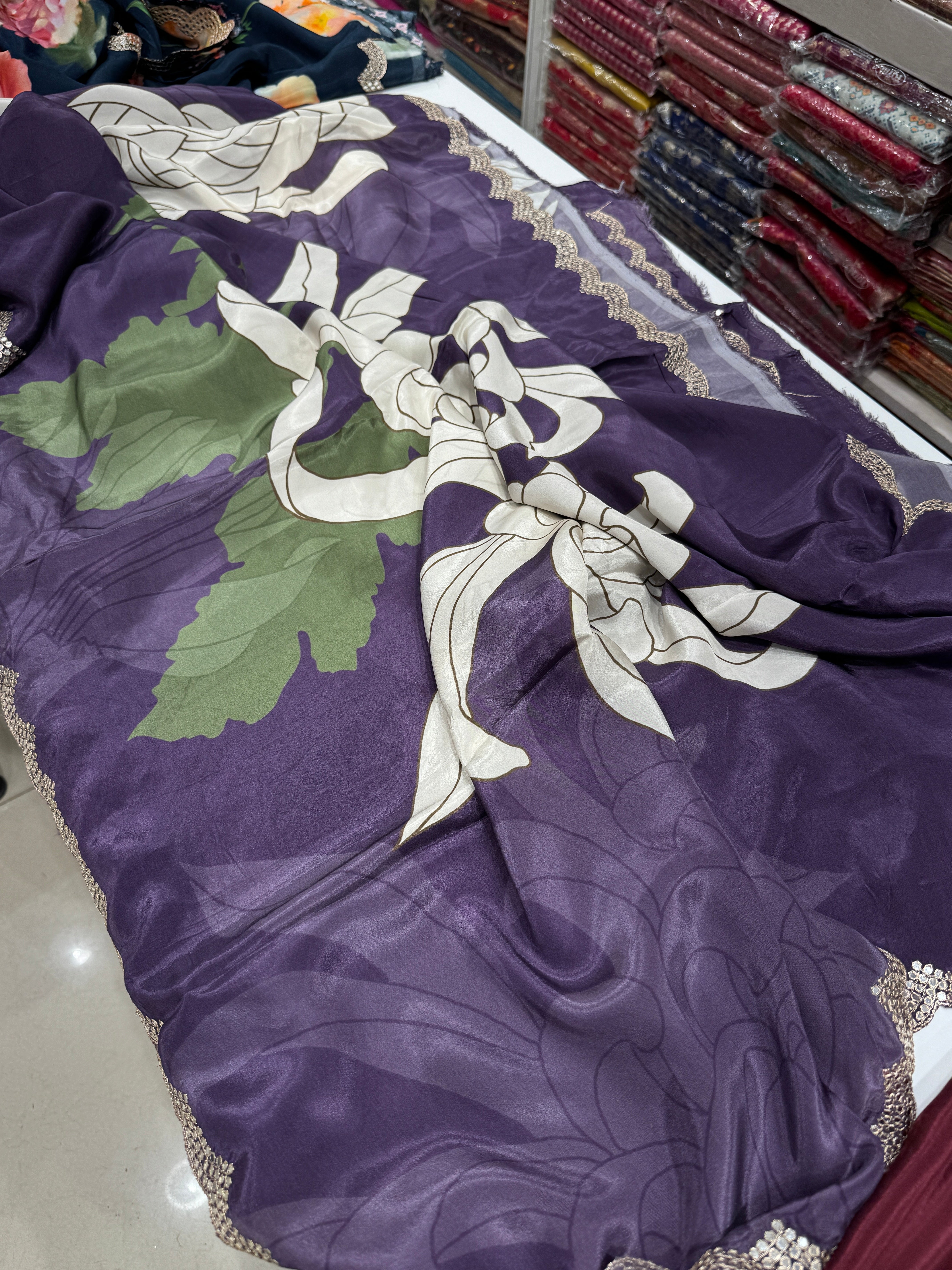 Violet Floral Muslin Printed Saree