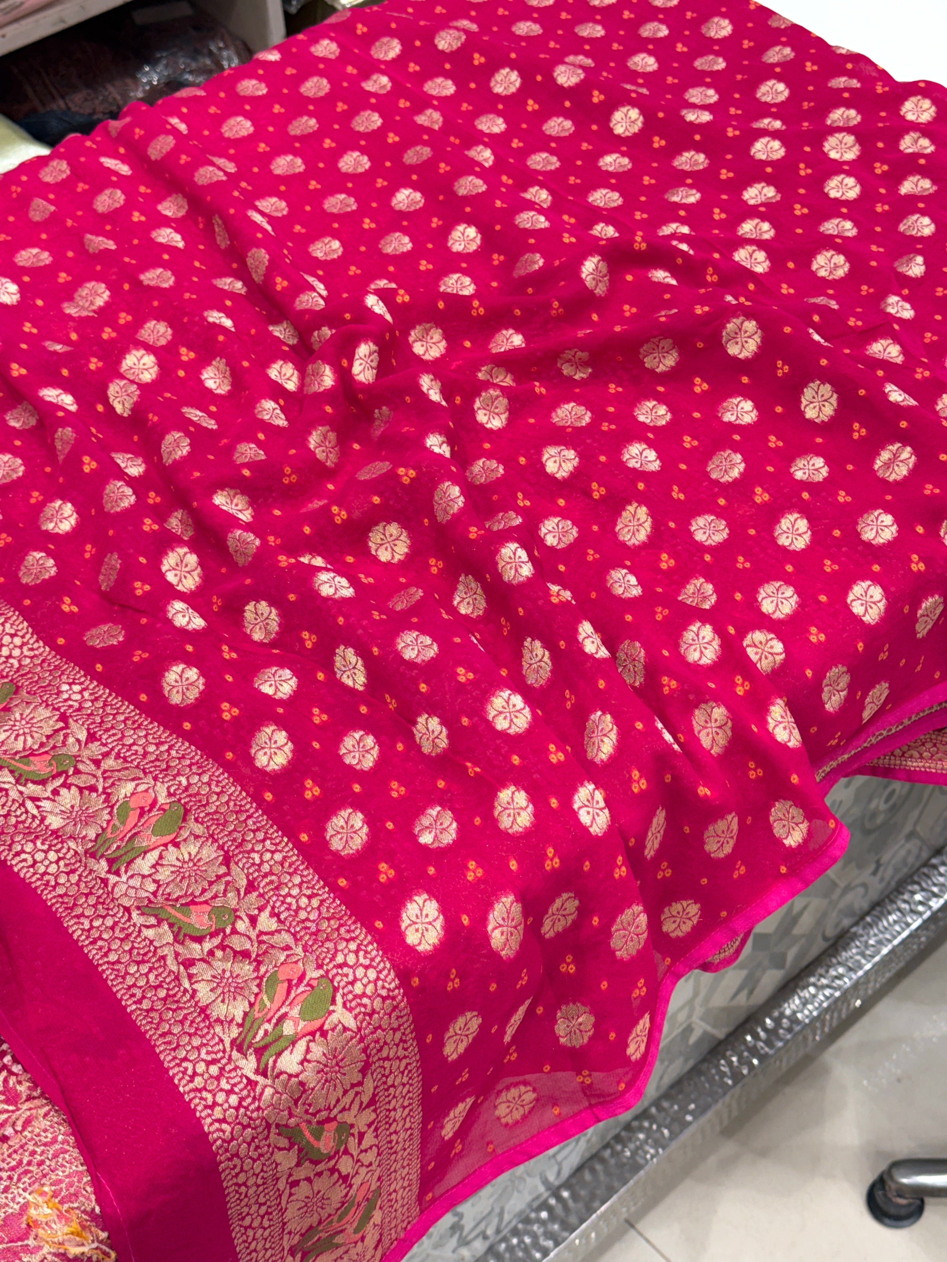Rani Woven Bandhej Meenakari Parrot Motif Saree