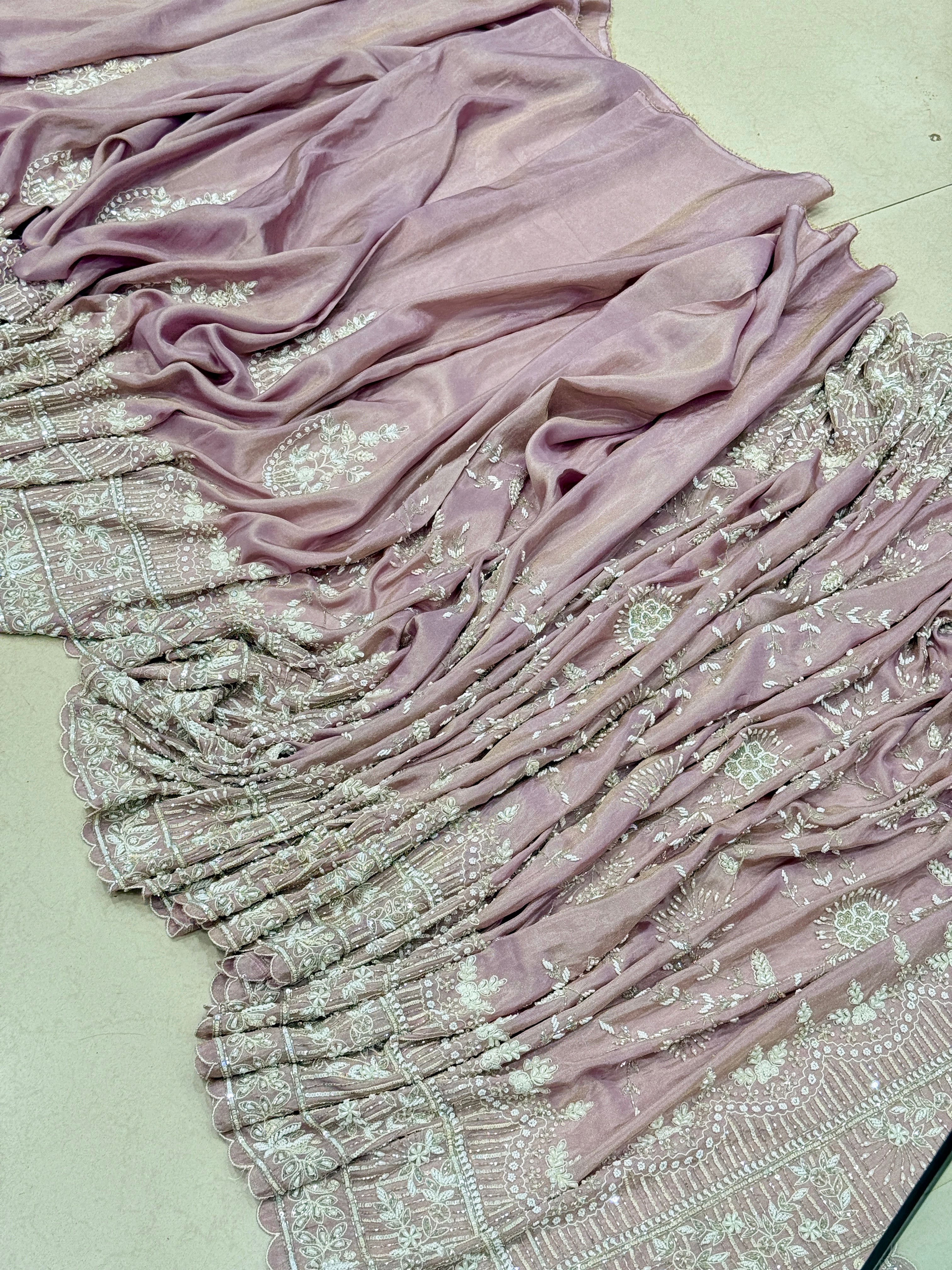 Lilac Crepe Tissue Resham Moti Sequin Hand Embroidery Saree