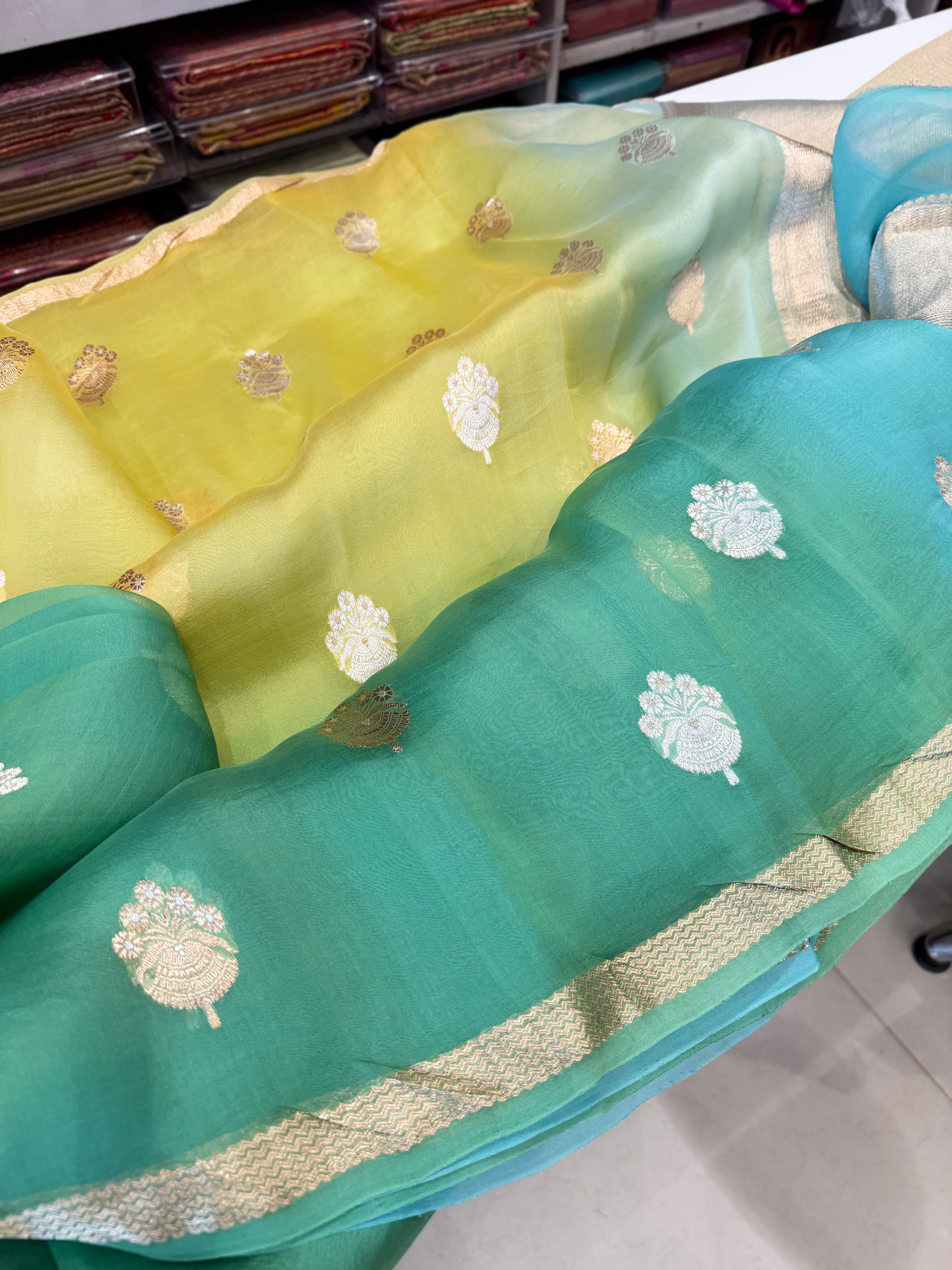 Green Shaded Banarasi Kora Handloom Saree