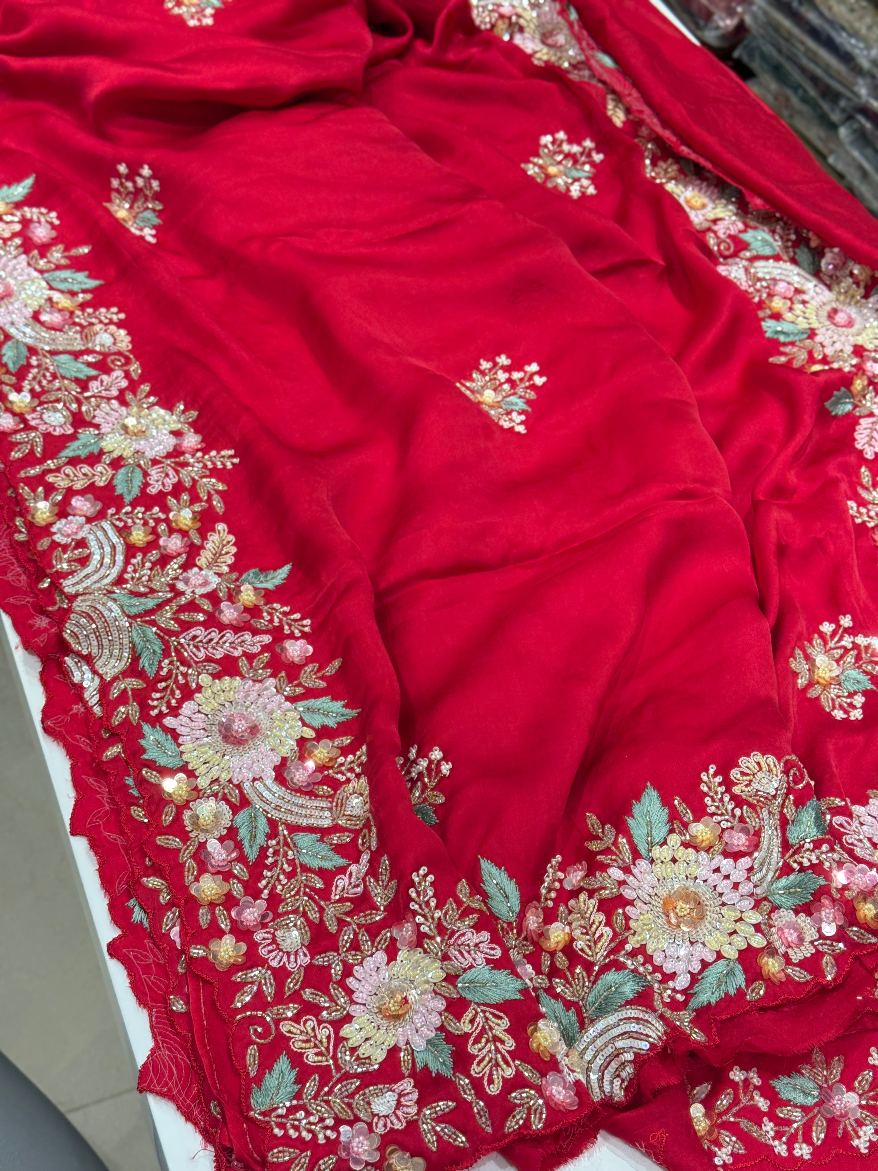 Red Satin Multi Colour Sequin Hand Embroidery Saree