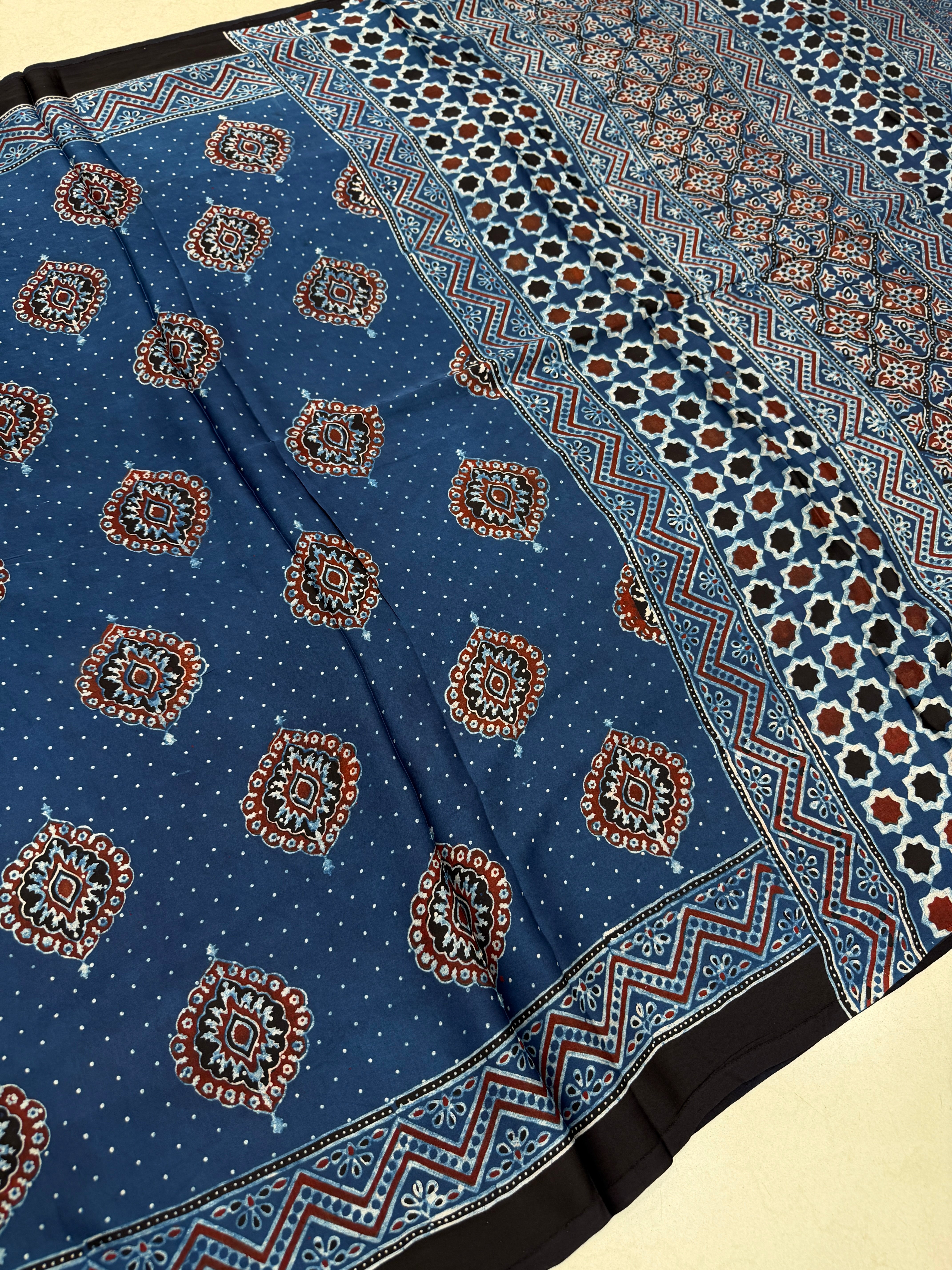 Blue Badam Butta Ajrakh Hand Block Print Pure Gajji Silk Saree