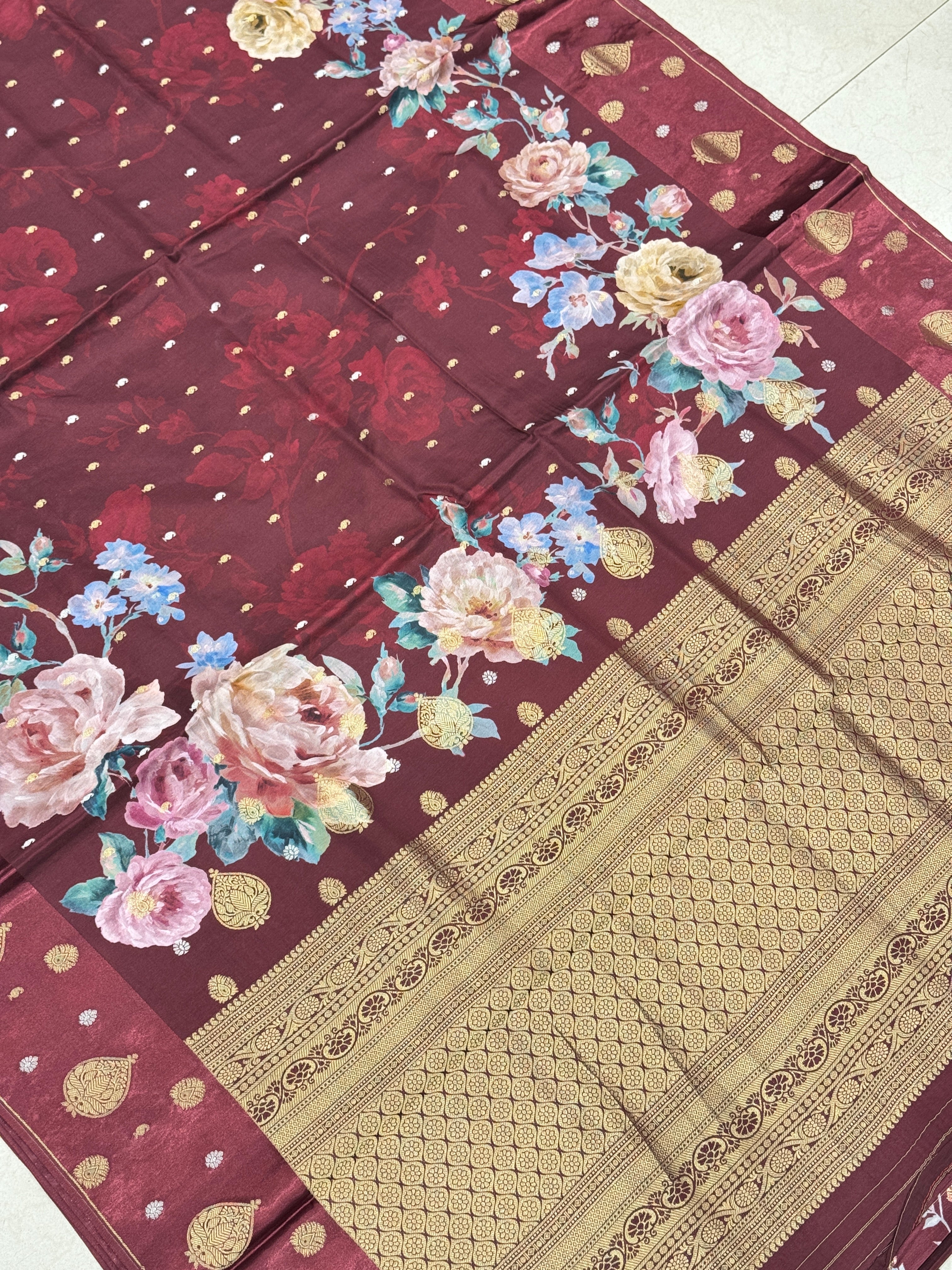 Wine Printed Silk Satin Border Saree