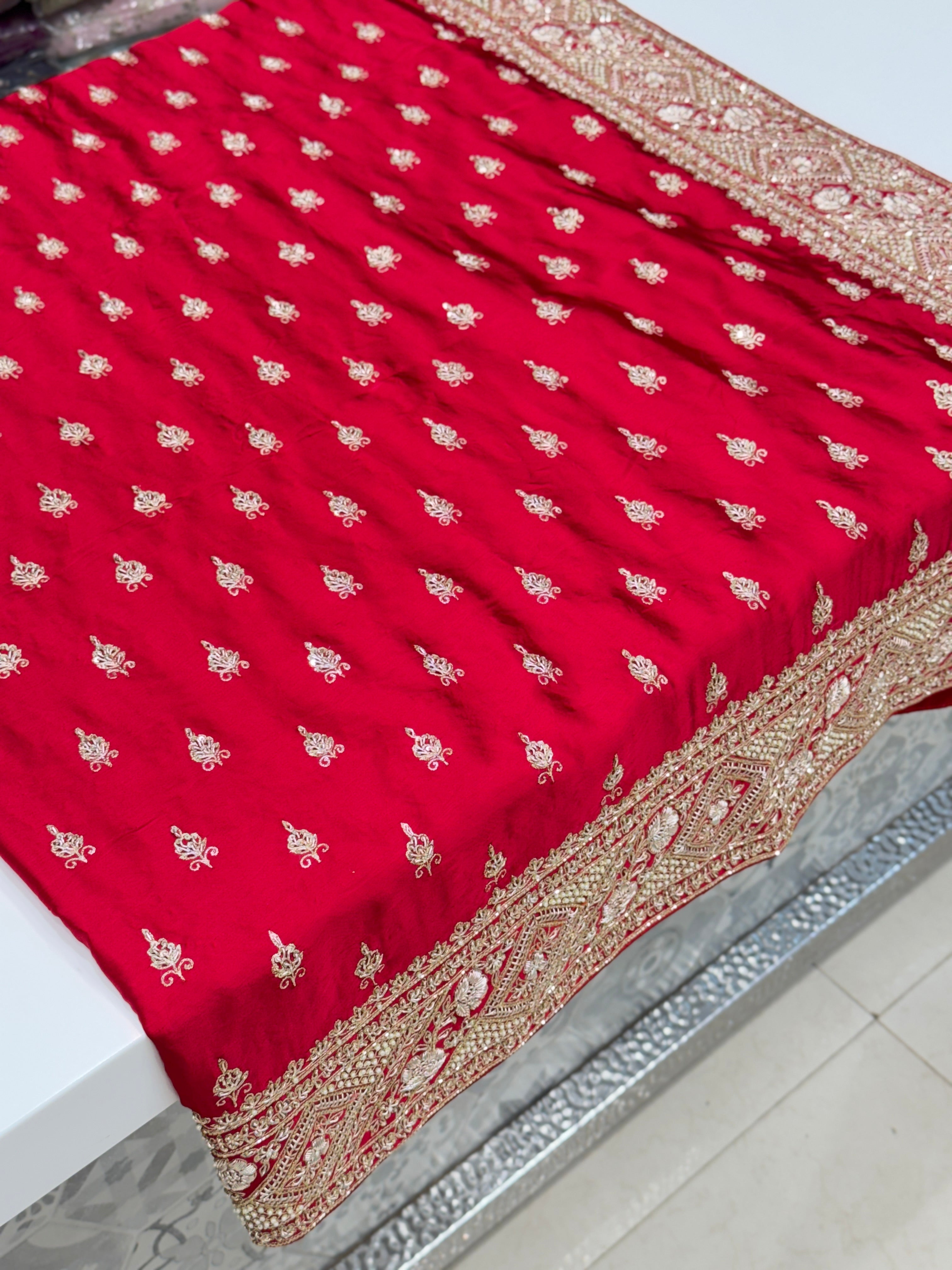 Red Hand Embroidery Buttis Pure Satin Zardosi Embroidery