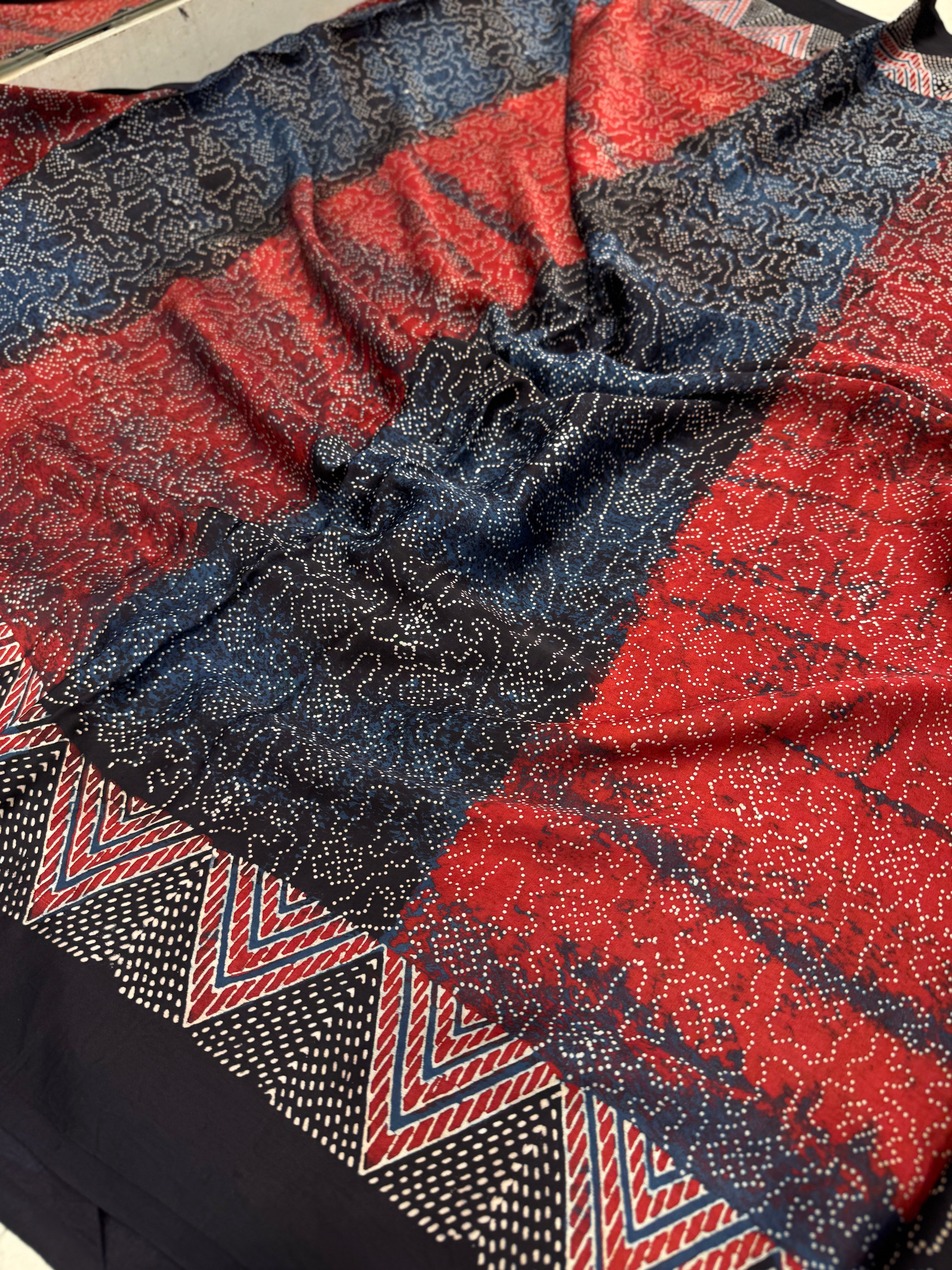 Red Contemporary Bandhej Style Hand Block Print Ajrkah Pure Gajji Silk Saree