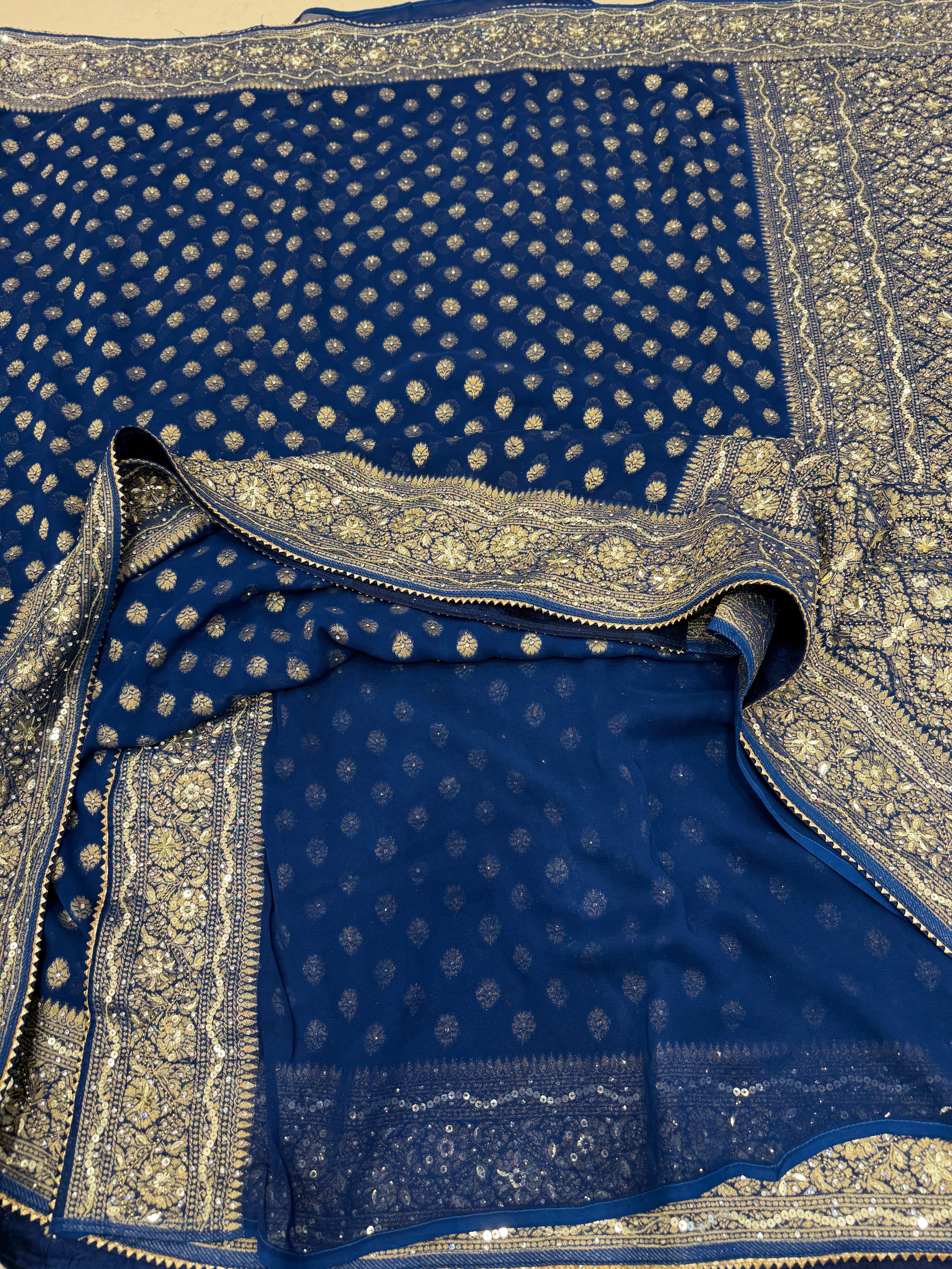 Blue Banarasi Khaddi Georgette Butti Hand Embroidery Sequin Stone Saree