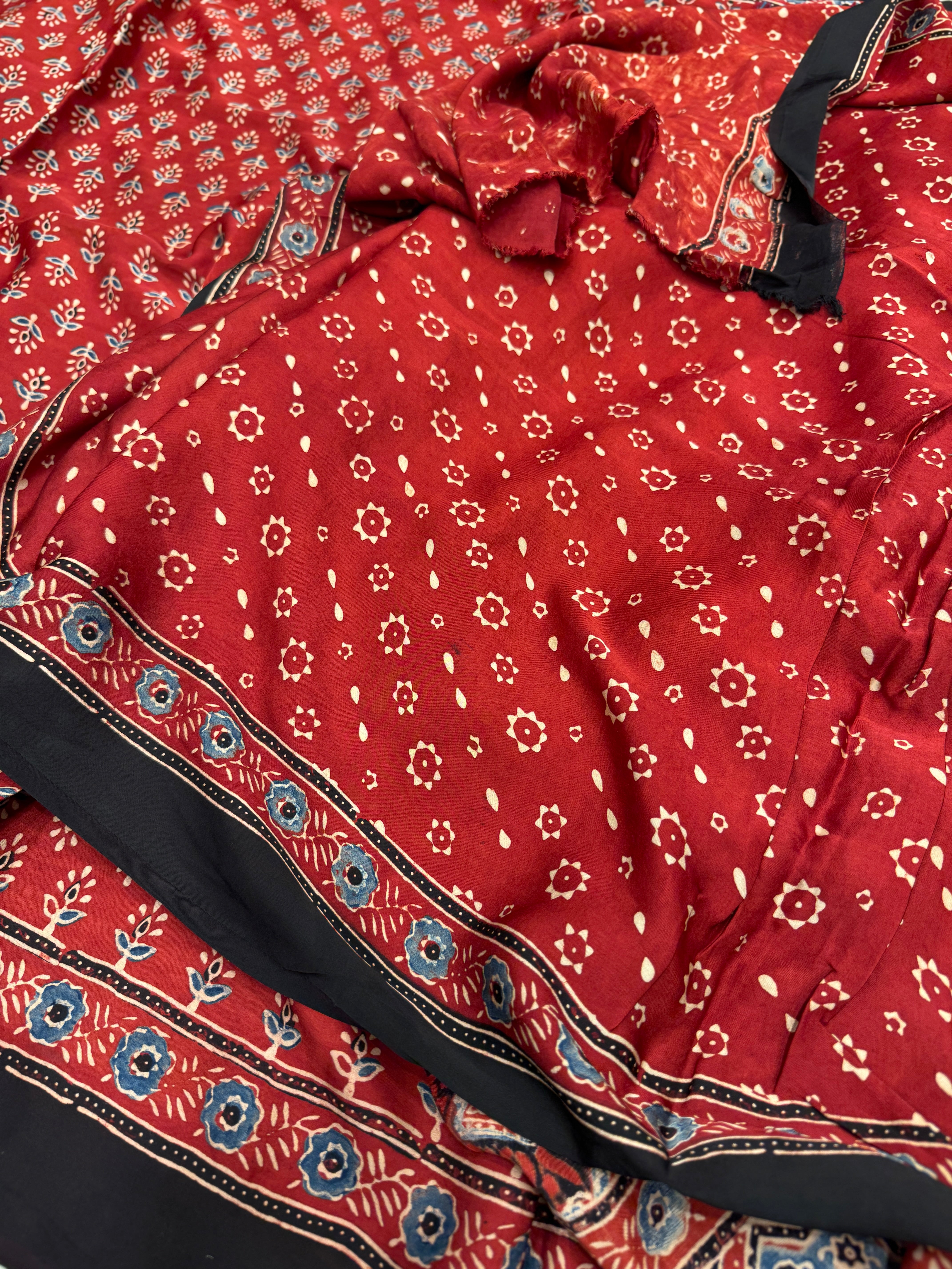 Red Buttis Ajrakh Saree Modal Gajji Silk Hand Block Print