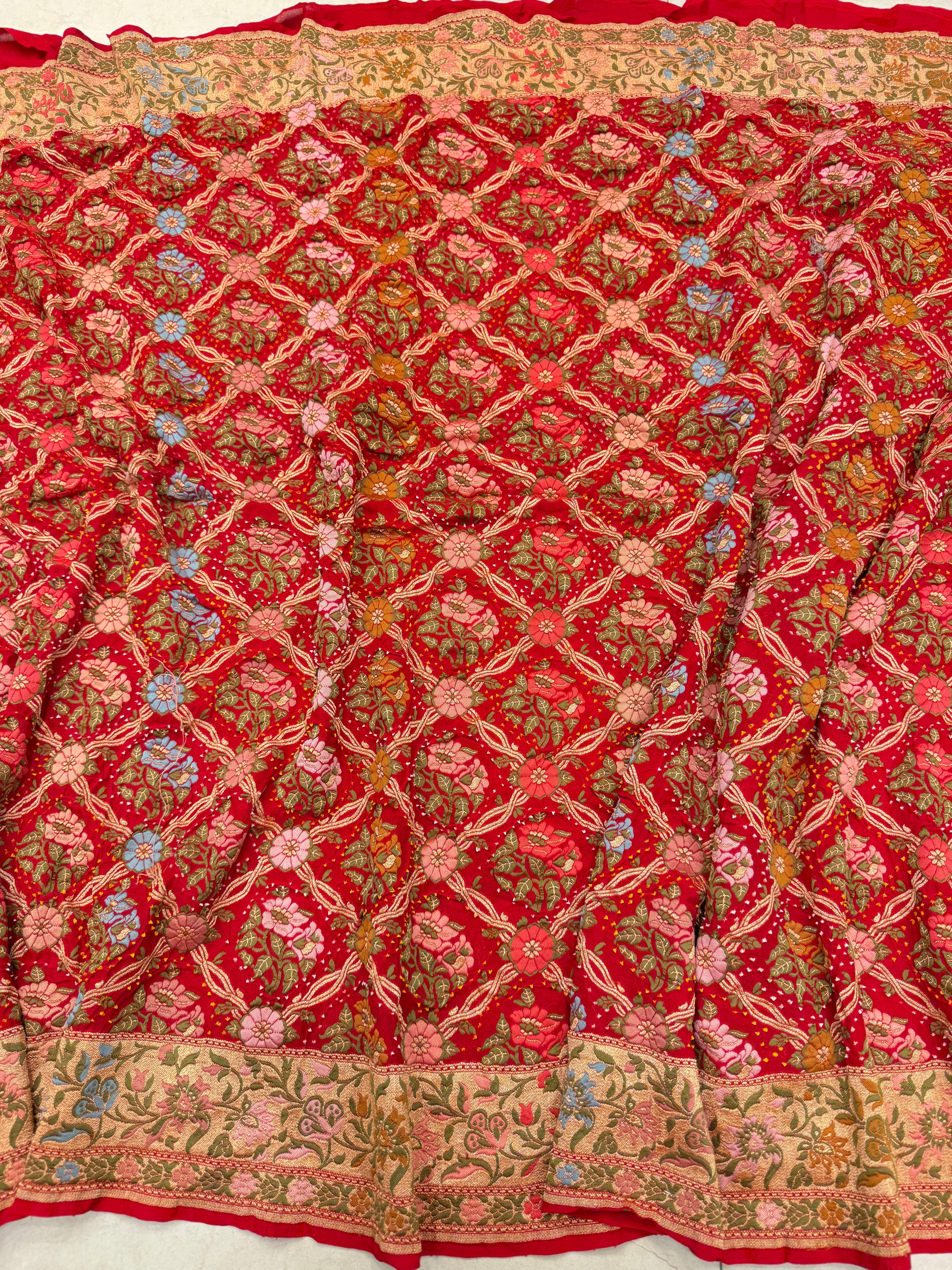 Red Floral Jaal Meenakari Rai Bandhej Georgette Bandhini Saree