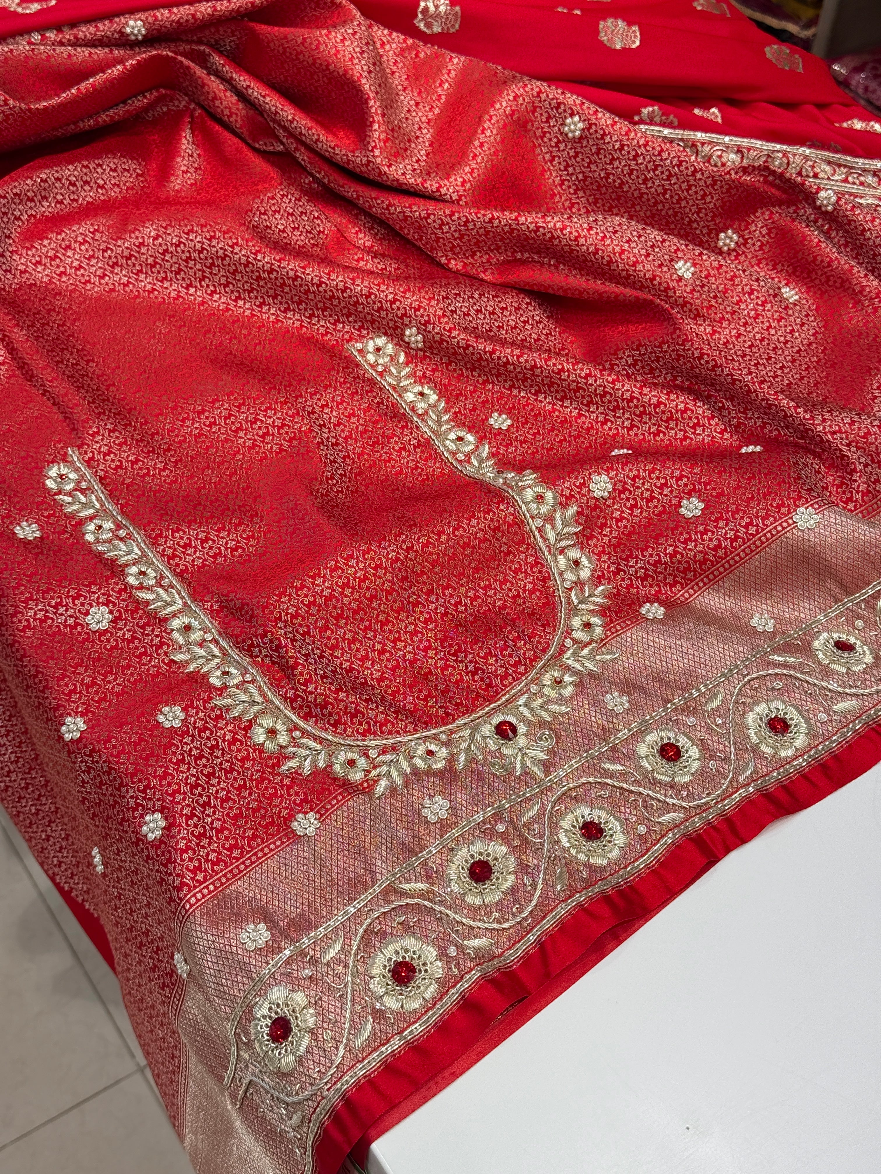 Red Banarasi Silk Butti Crystal Zardozi Hand Embroidery Saree