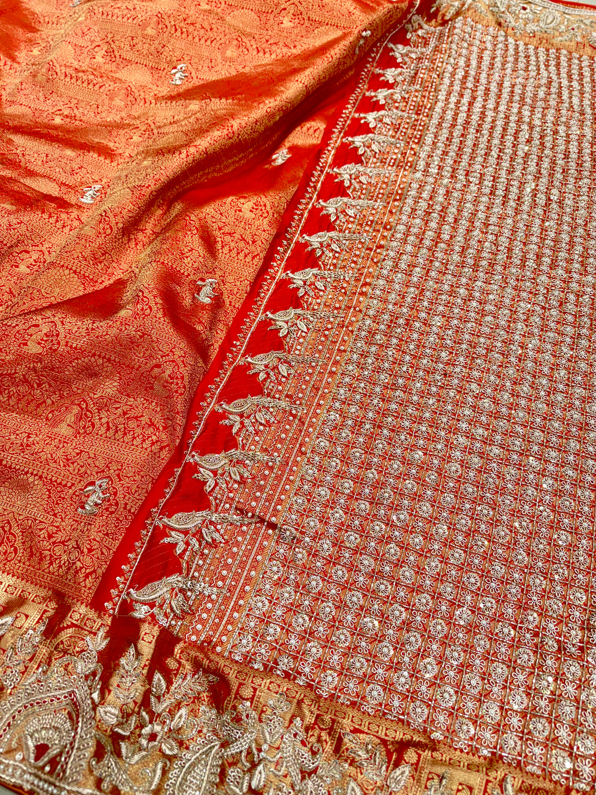 Red Kanjivaram Peacock Motif Hand Embroidery Zardosi Saree