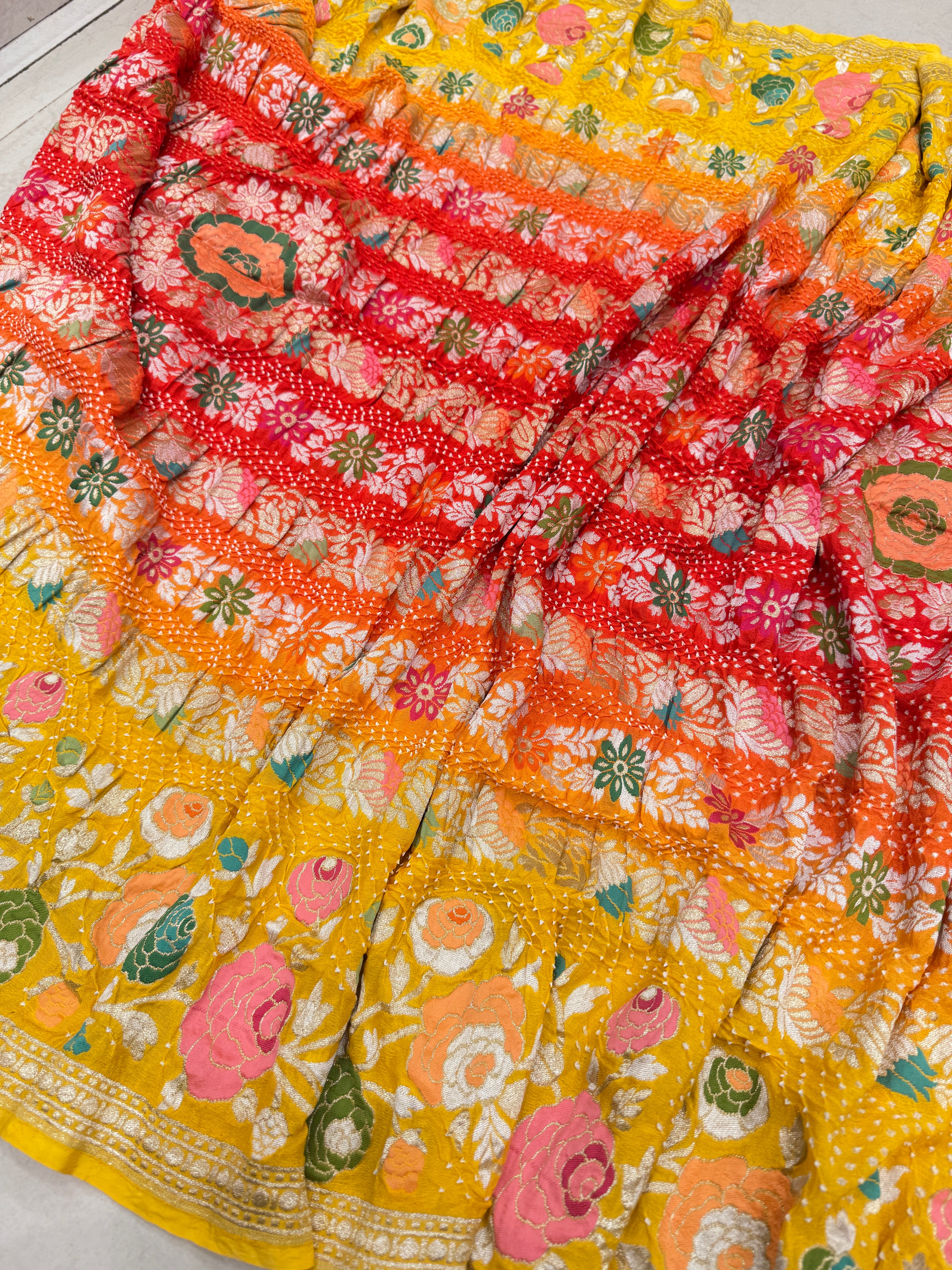 Yellow Red Shaded Floral Meenakari Rai Bandhej Georgette Bandhini Saree