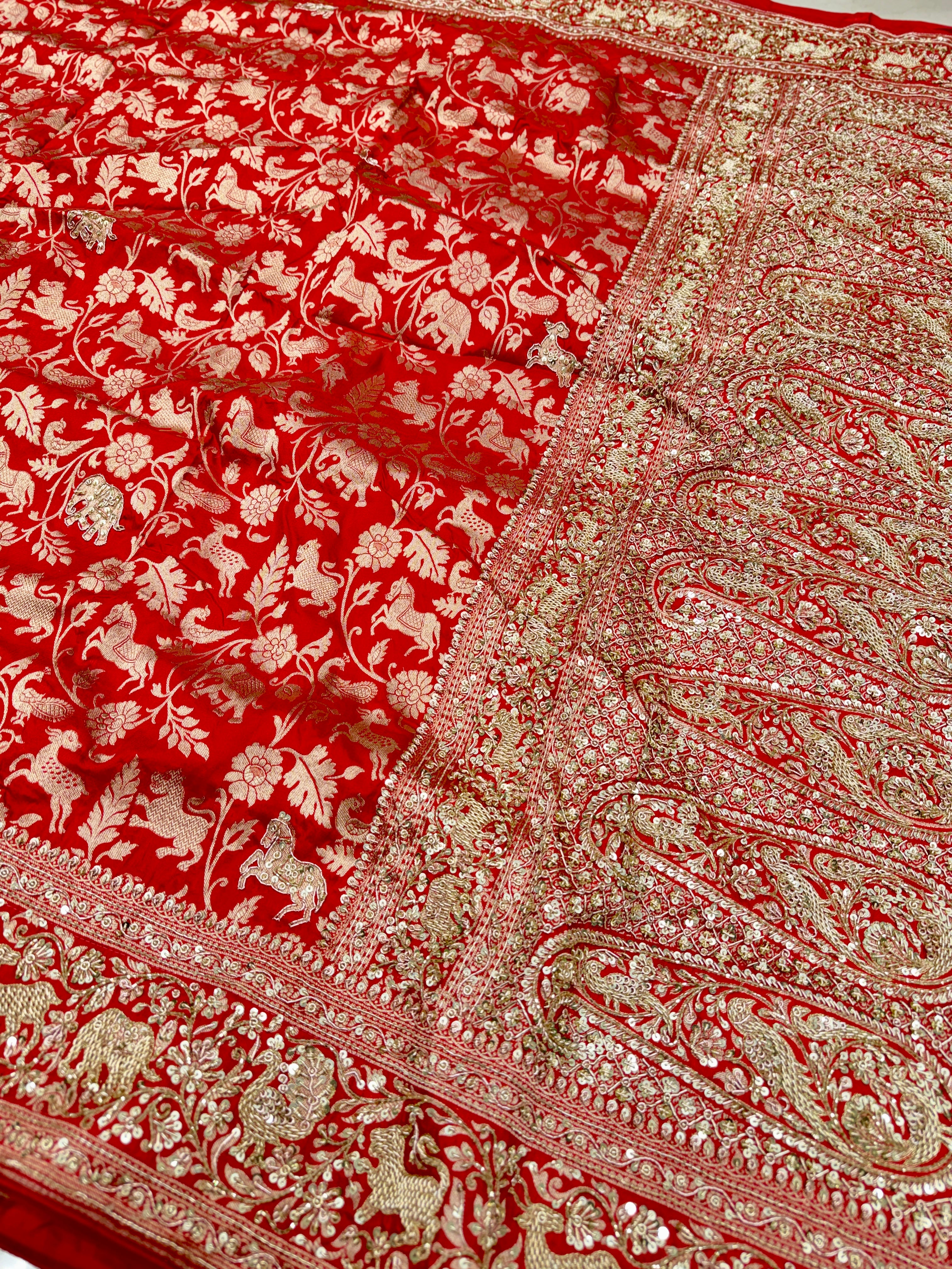 Red Banarasi Shikara Zardosi Hand Embroidery Saree