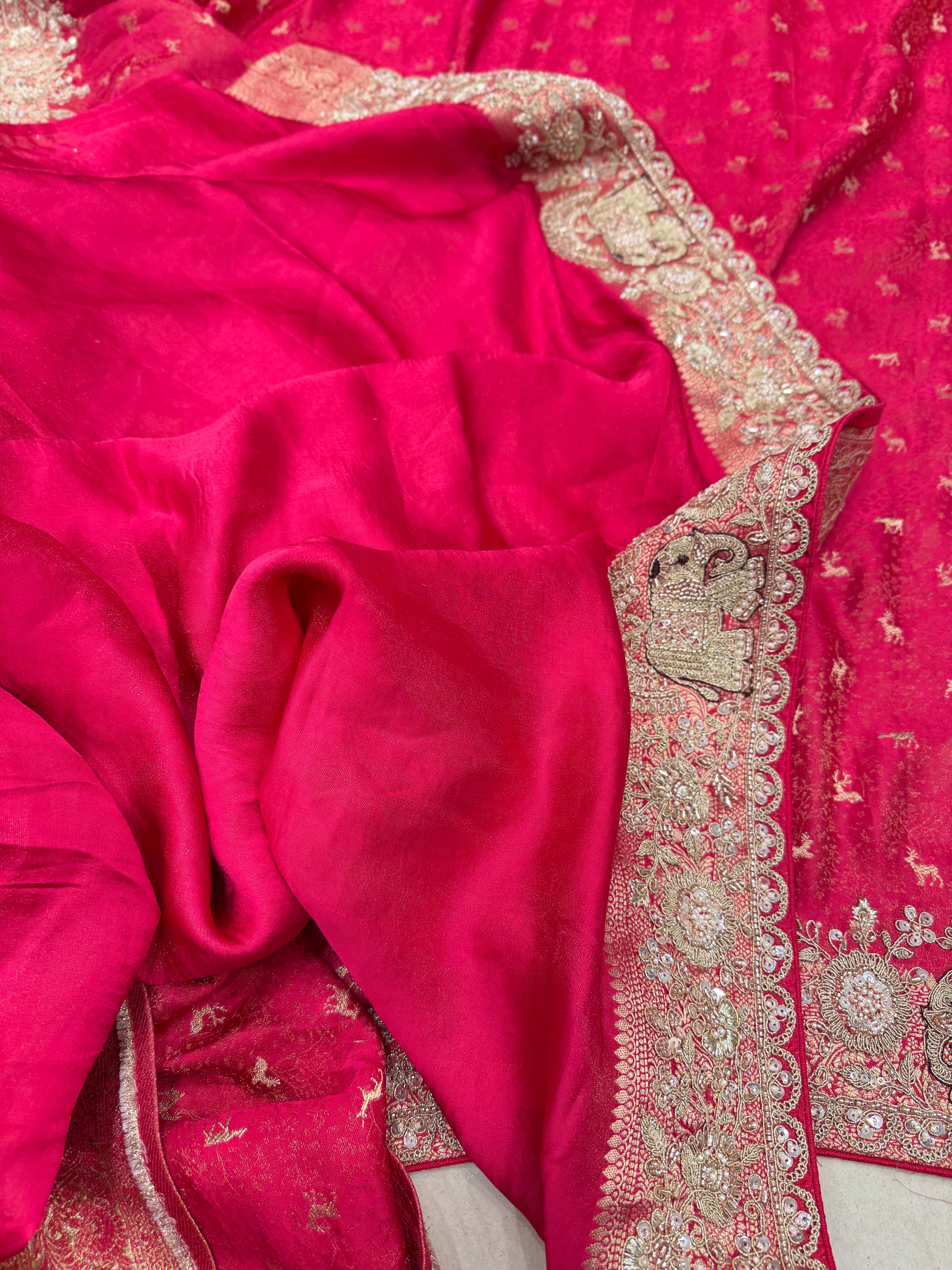 Rani Pink Soft Silk Hiraniya Tissue Embroidery Saree