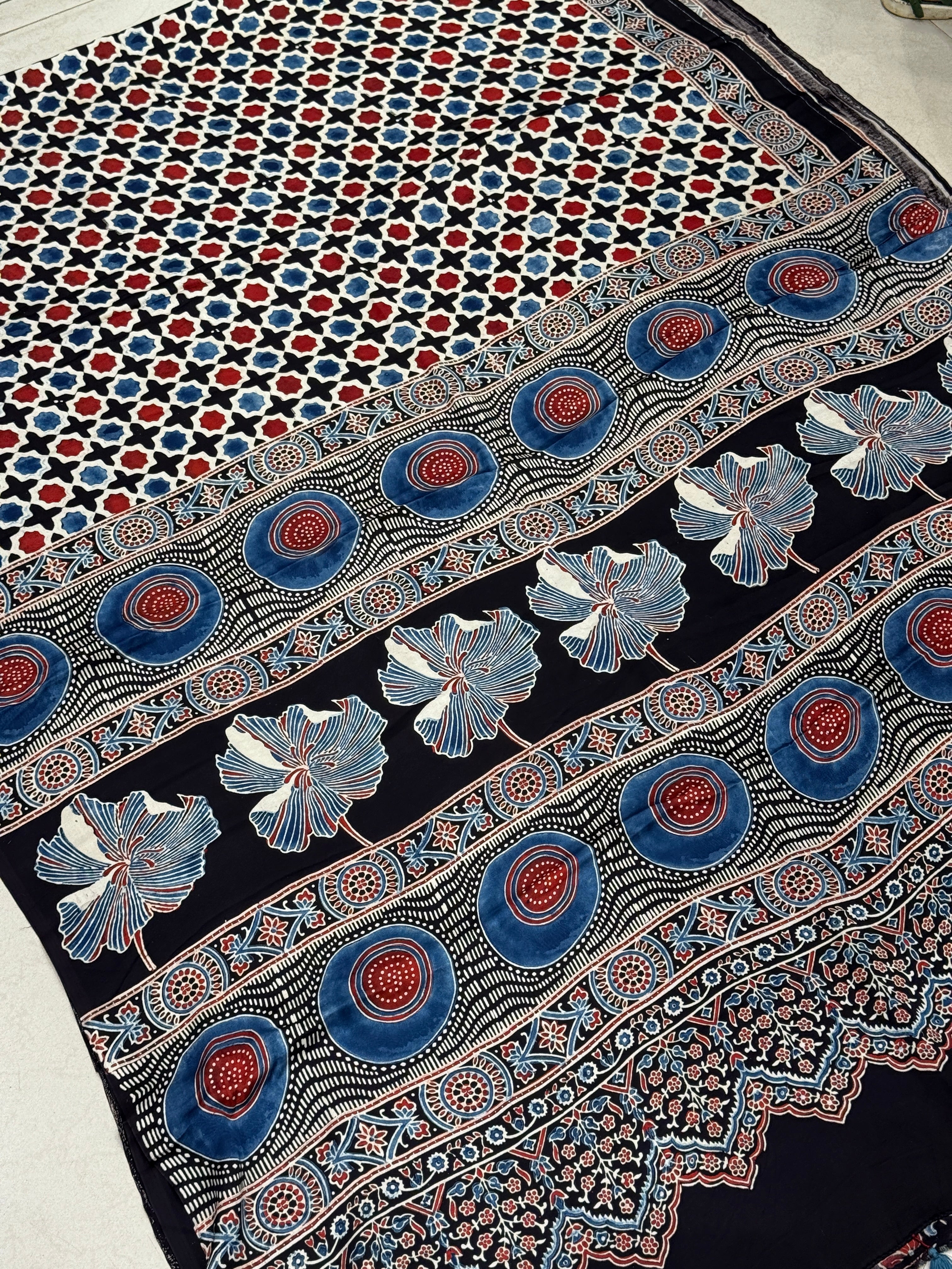 Star Cross Butti Modal Gajji Silk Ajrakh Saree