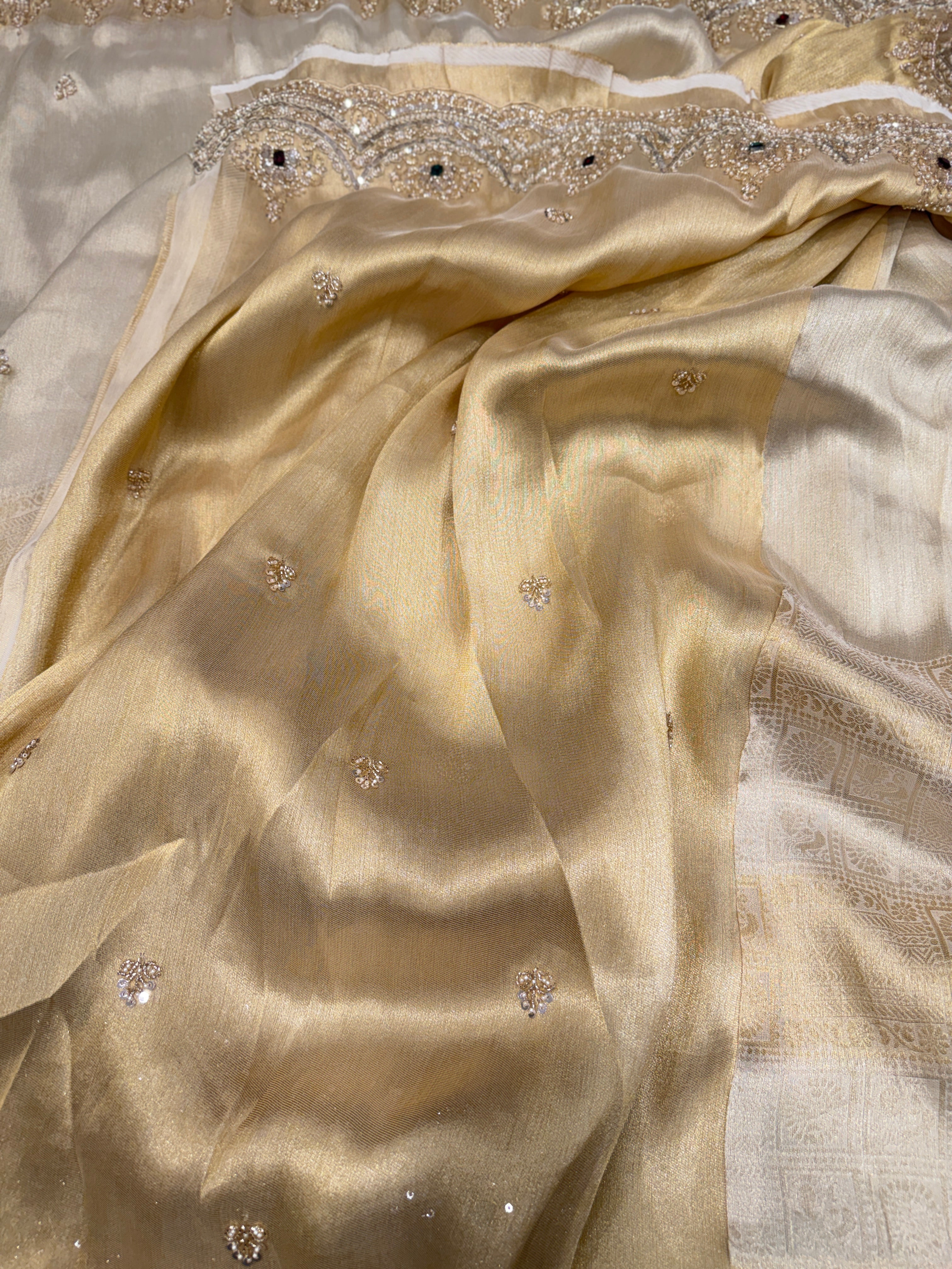 Gold Tissue Crepe Kanchi Style Weave Crystal Embroidery Saree