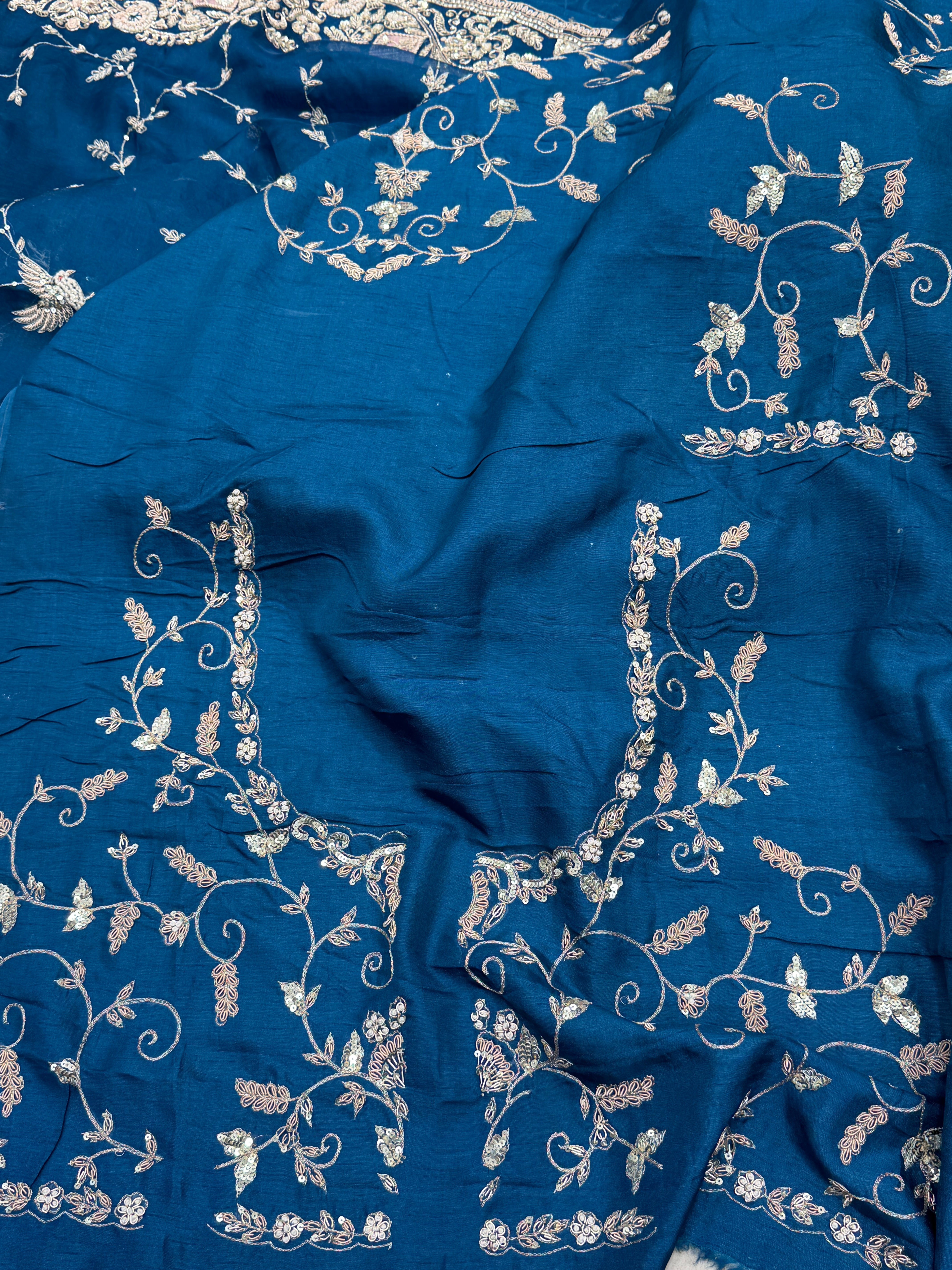 Petrol Blue Patch Work Zardosi Hand Embroidery Saree