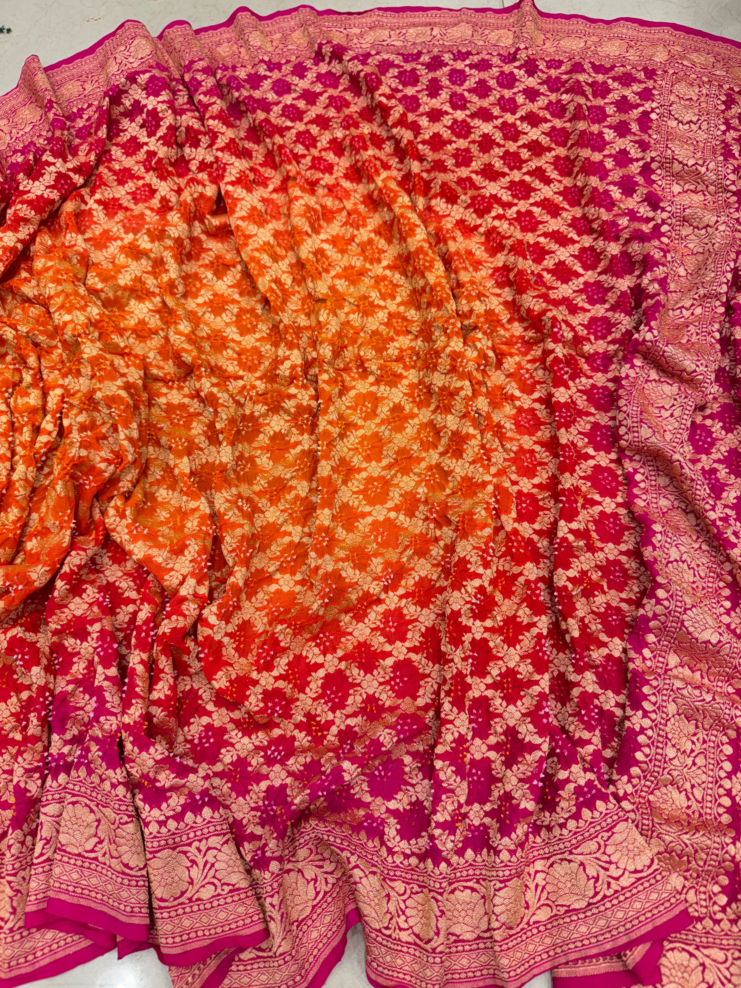 Shaded Orange Rani Block Pallu Bandhej Bandhini Saree
