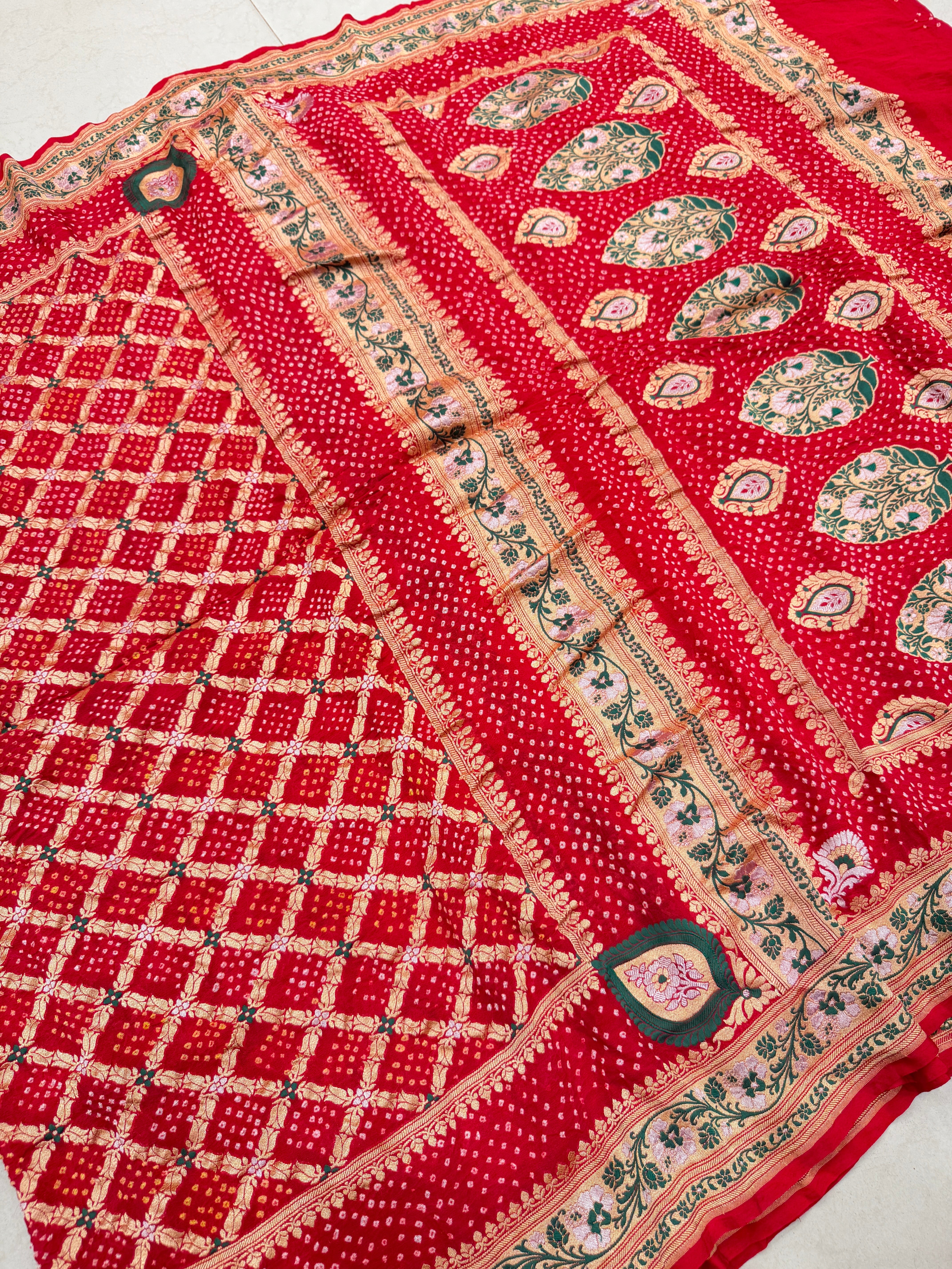 Red Sona Roopa Meenakari Rai Bandhej Saree