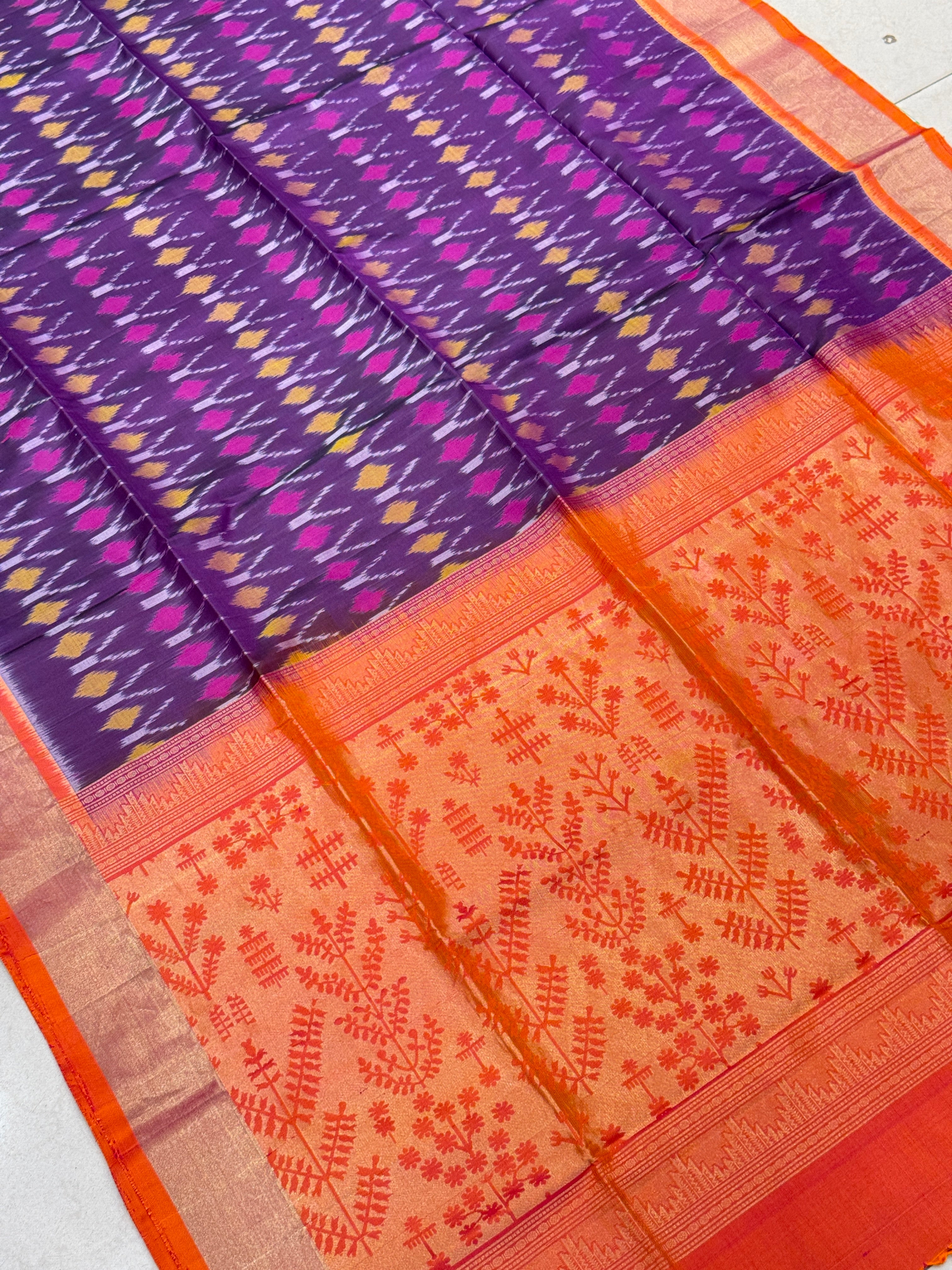 Contemporary Violet Orange Pochampally Ikat Silk Patola Saree