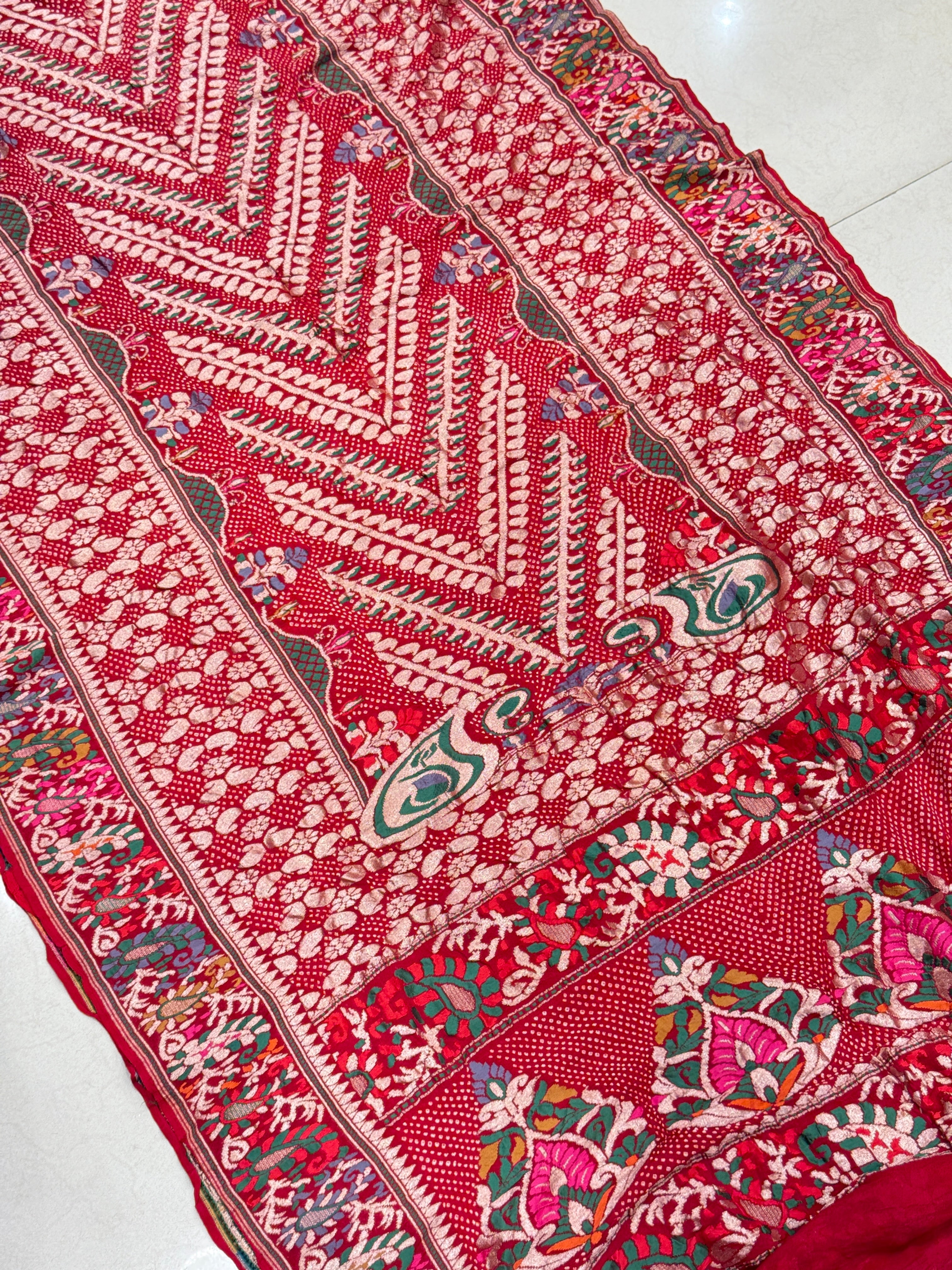 Red Meenakari Rai Bandhej Georgette Bandhini Saree