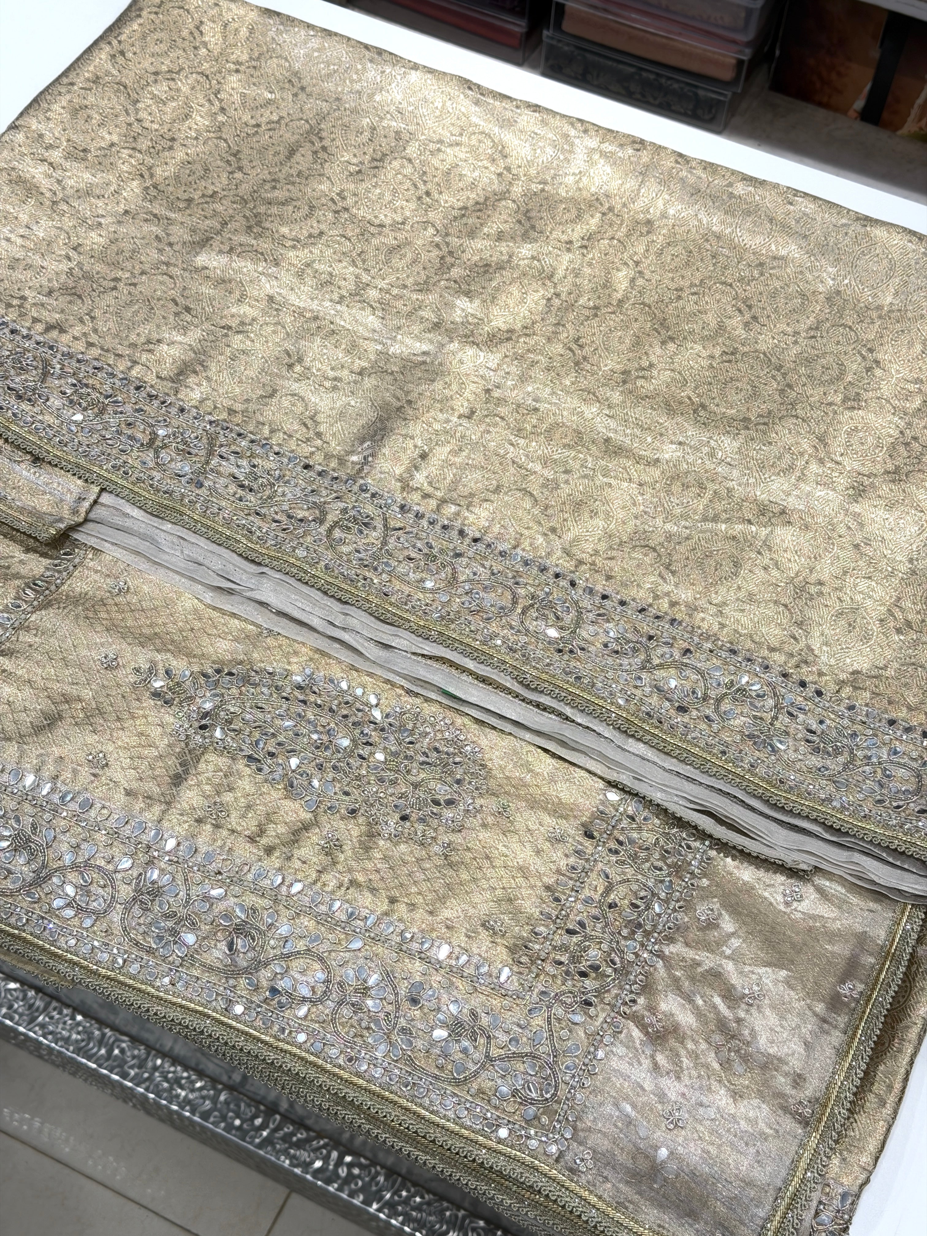 Gold Tissue Kanjivaram Moti Hand Embroidery Saree