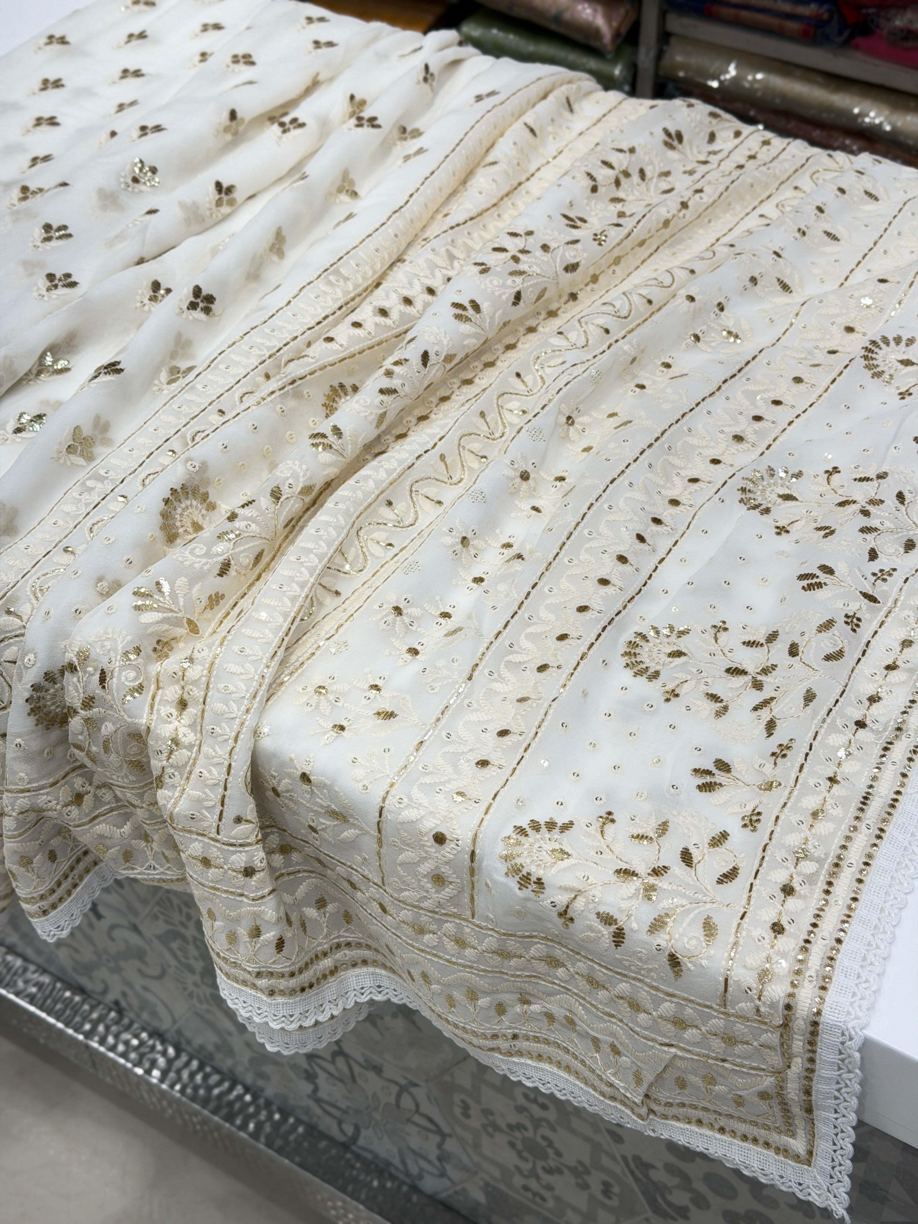 White Georgette Badla Embroidery Buttis Chikankari Saree